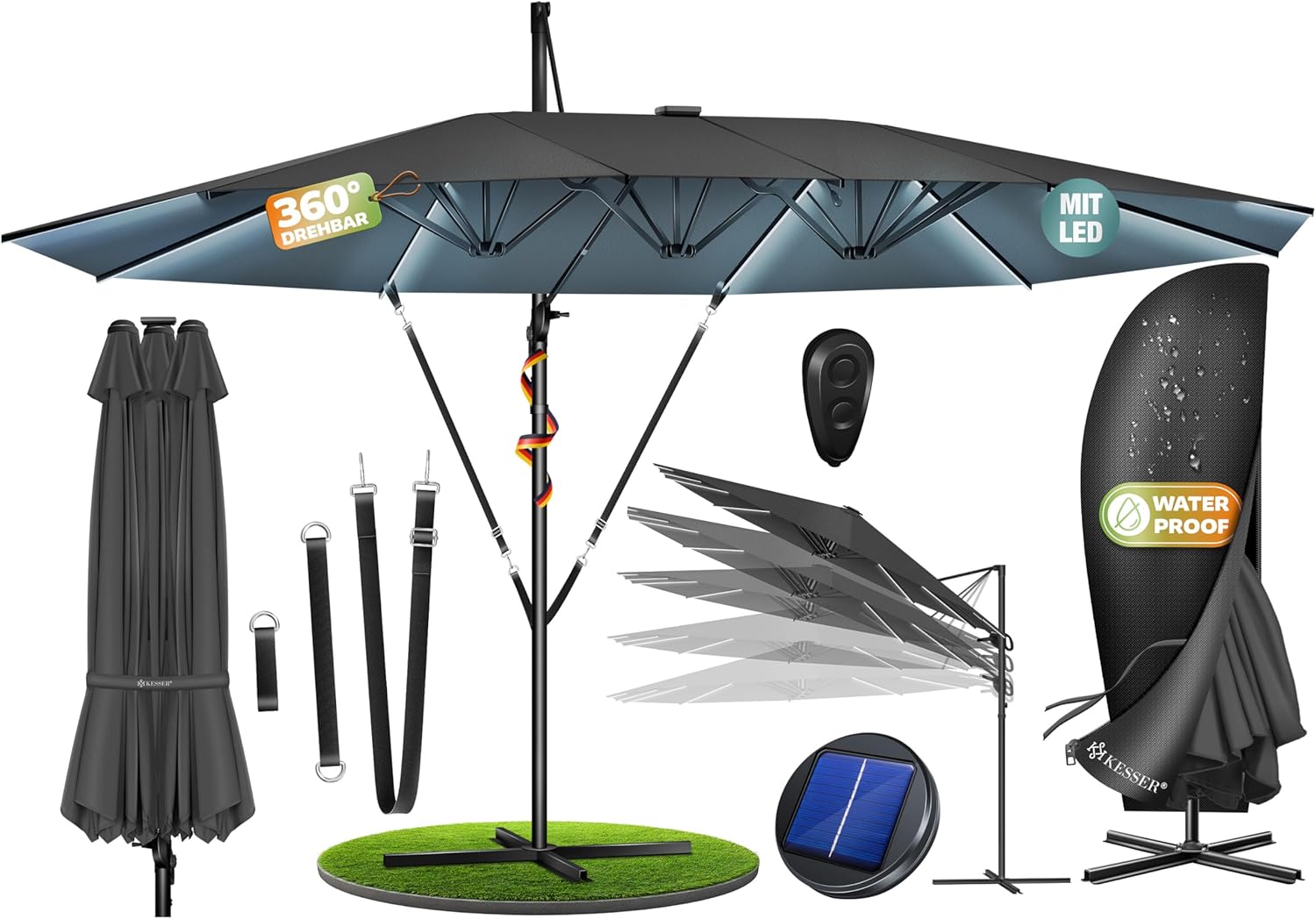 KESSER® Sonnenschirm Doppelsonnenschirm 4,6m x 2,7m | Ampelschirm Abdeckung & Windsicherung mit Kurbel & Ständer | Kurbelschirm Aluminium wasserabweisend | Neigbar Kippbar 360° Drehbar