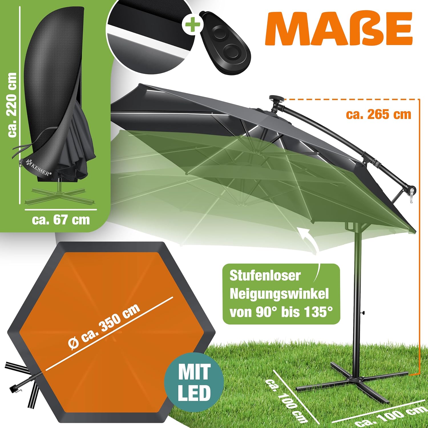 KESSER® Sonnenschirm Solar Ø 300 cm/Ø 350 cm mit LED Beleuchtung, Ampelschirm mit Kurbel, Garten, Sonnenschutz, Gestell & Ständer aus Alu, UV-Schutz, wasserdicht + Windfest, 360° Funktion + Hülle — Ansicht 2