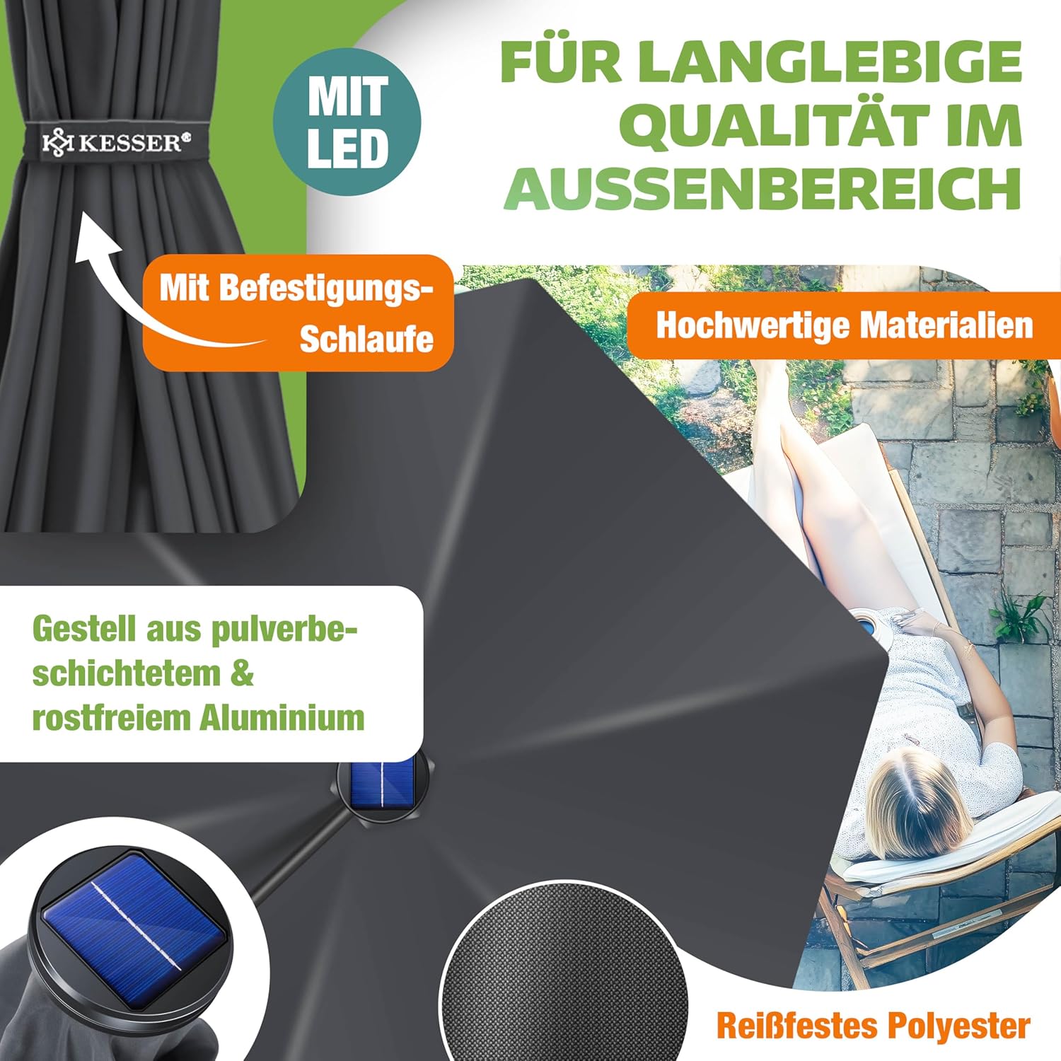 KESSER® Sonnenschirm Solar Ø 300 cm/Ø 350 cm mit LED Beleuchtung, Ampelschirm mit Kurbel, Garten, Sonnenschutz, Gestell & Ständer aus Alu, UV-Schutz, wasserdicht + Windfest, 360° Funktion + Hülle — Ansicht 3