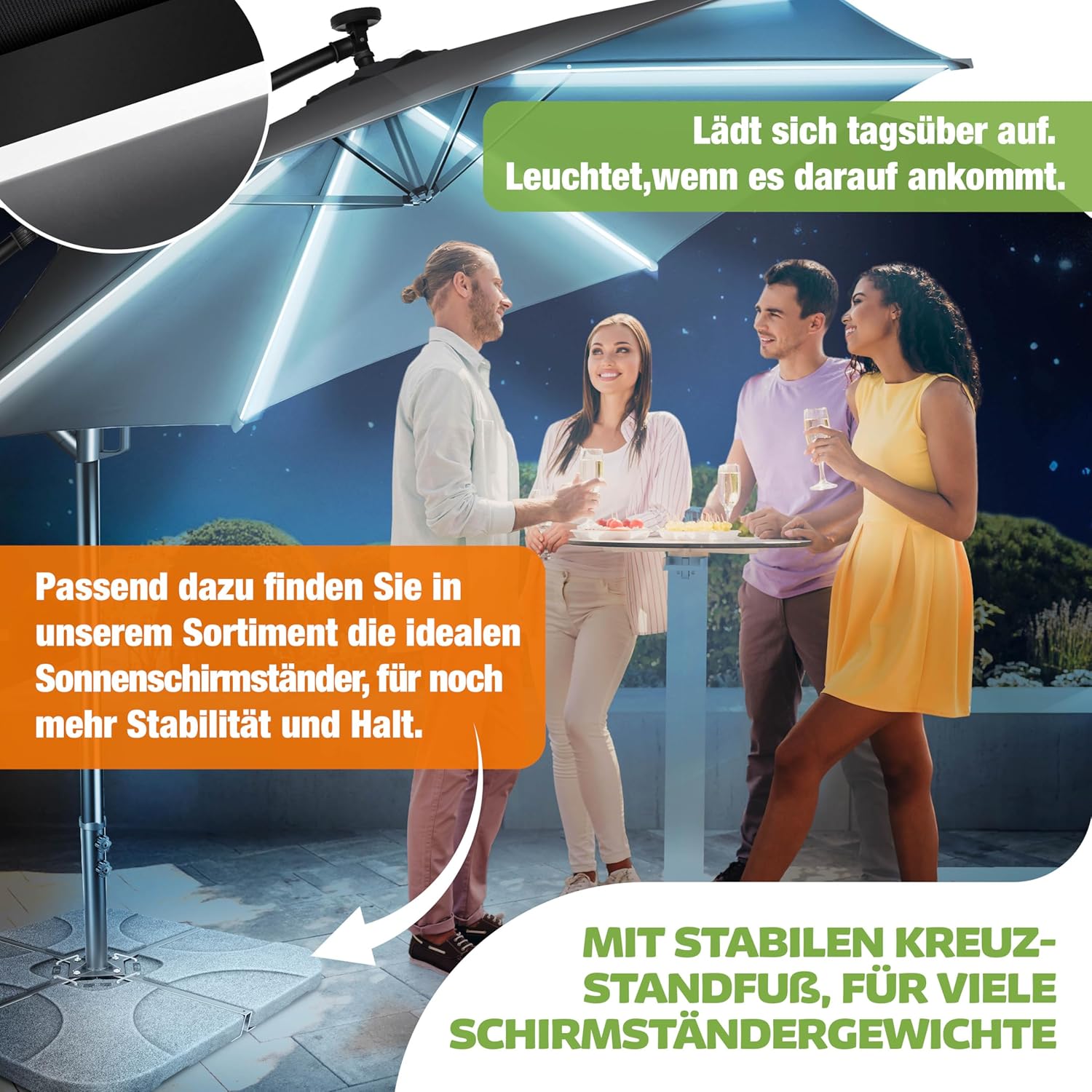 KESSER® Sonnenschirm Solar Ø 300 cm/Ø 350 cm mit LED Beleuchtung, Ampelschirm mit Kurbel, Garten, Sonnenschutz, Gestell & Ständer aus Alu, UV-Schutz, wasserdicht + Windfest, 360° Funktion + Hülle — Ansicht 6