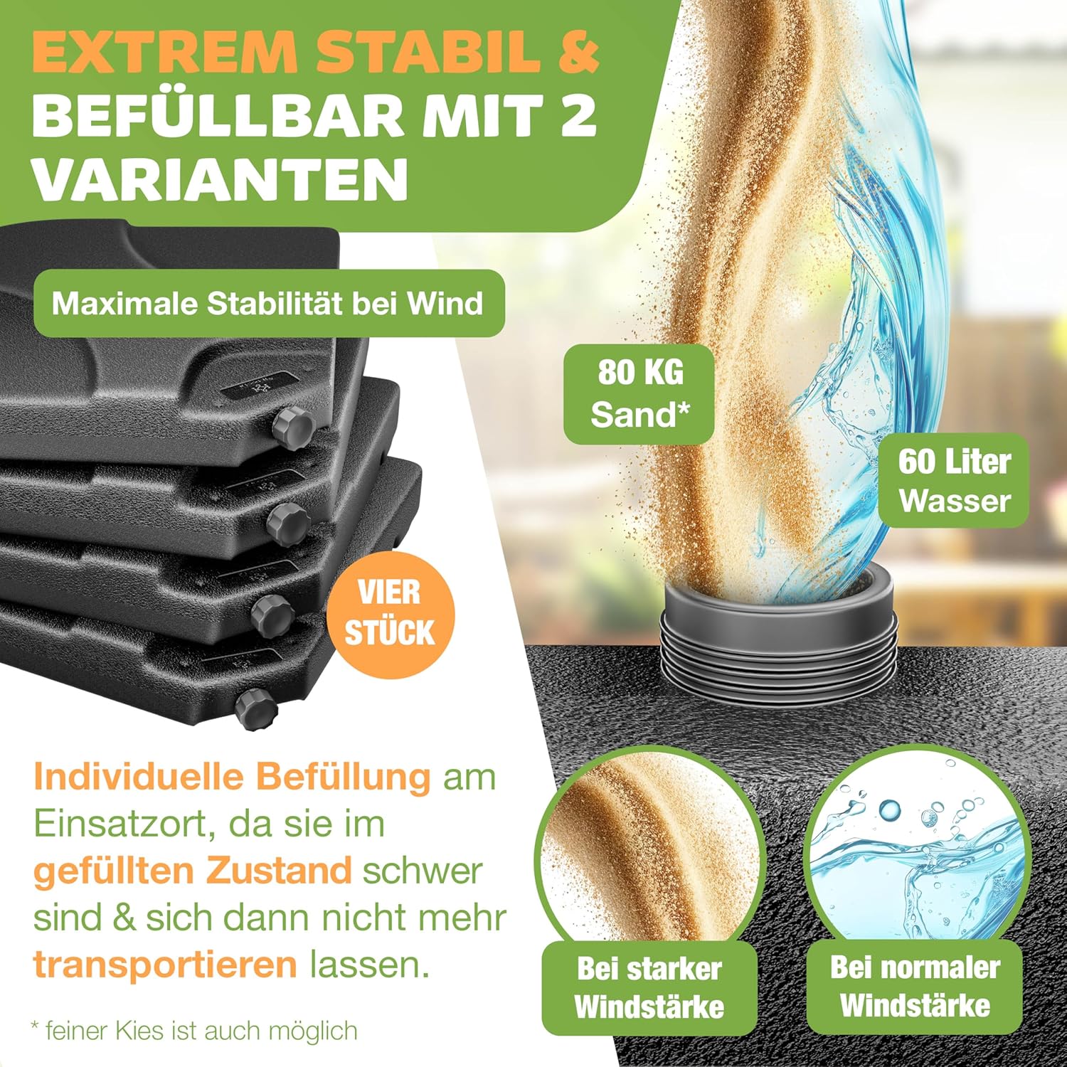 KESSER® Sonnenschirmständer 4-teilig Schirmgewicht Schirmständer für Ampelschirm Bodenkreuz 60 Liter / 80 kg befüllbar mit Wasser oder Sand Inkl. Metallverbinder Ampelschirmständer Kunststoff, — Ansicht 3