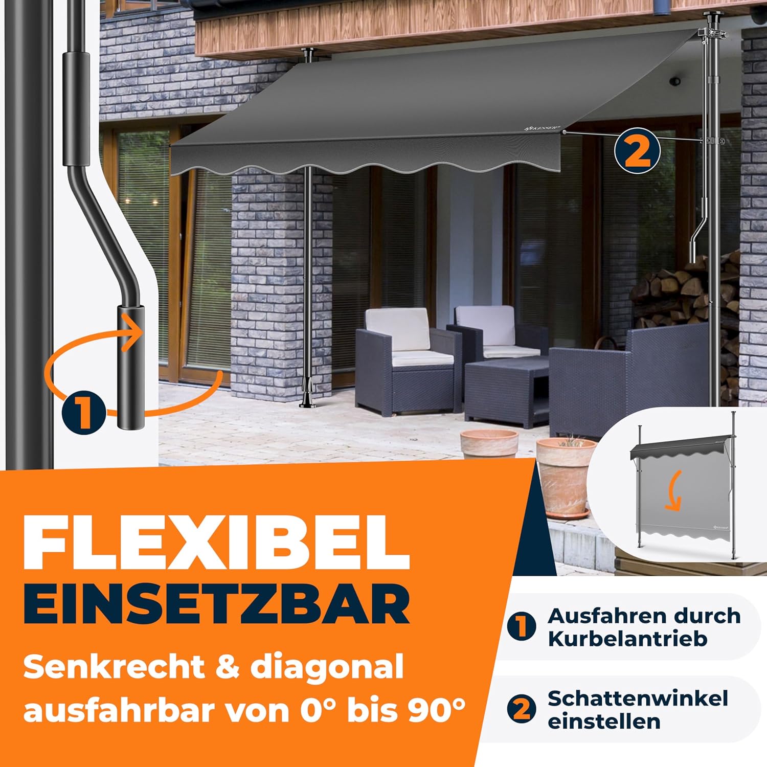 KESSER® Sonnenschutz Markise manuell ausziehbar 300cm | Sonnensegel UV Schutz Sonnenschutz | Klemmmarkise für Outdoor, Terrasse, Balkon, Garten höhenverstellbar ohne Bohren, Anthrazit — Ansicht 2
