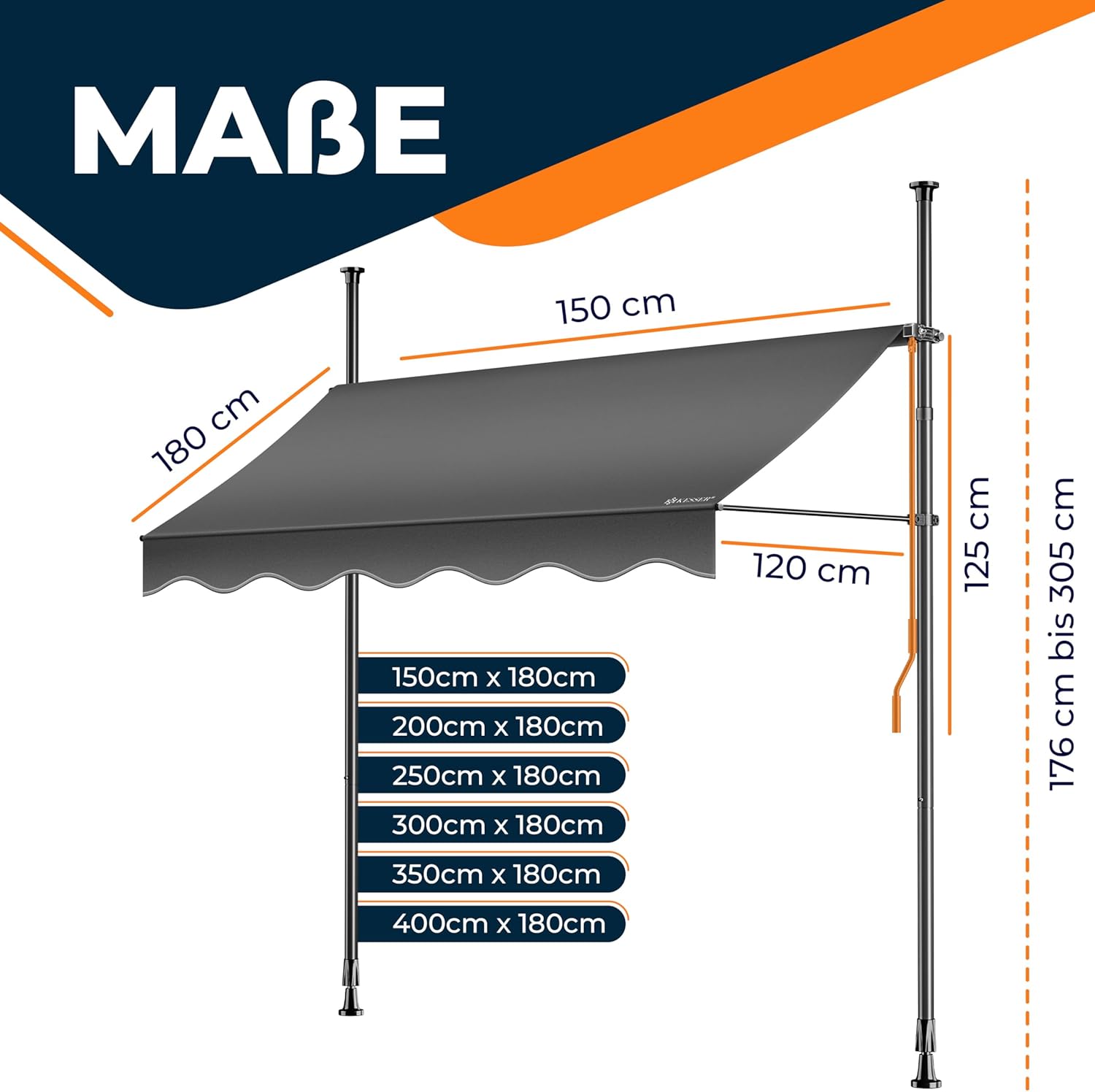 KESSER® Sonnenschutz Markise manuell ausziehbar 300cm | Sonnensegel UV Schutz Sonnenschutz | Klemmmarkise für Outdoor, Terrasse, Balkon, Garten höhenverstellbar ohne Bohren, Anthrazit — Ansicht 5
