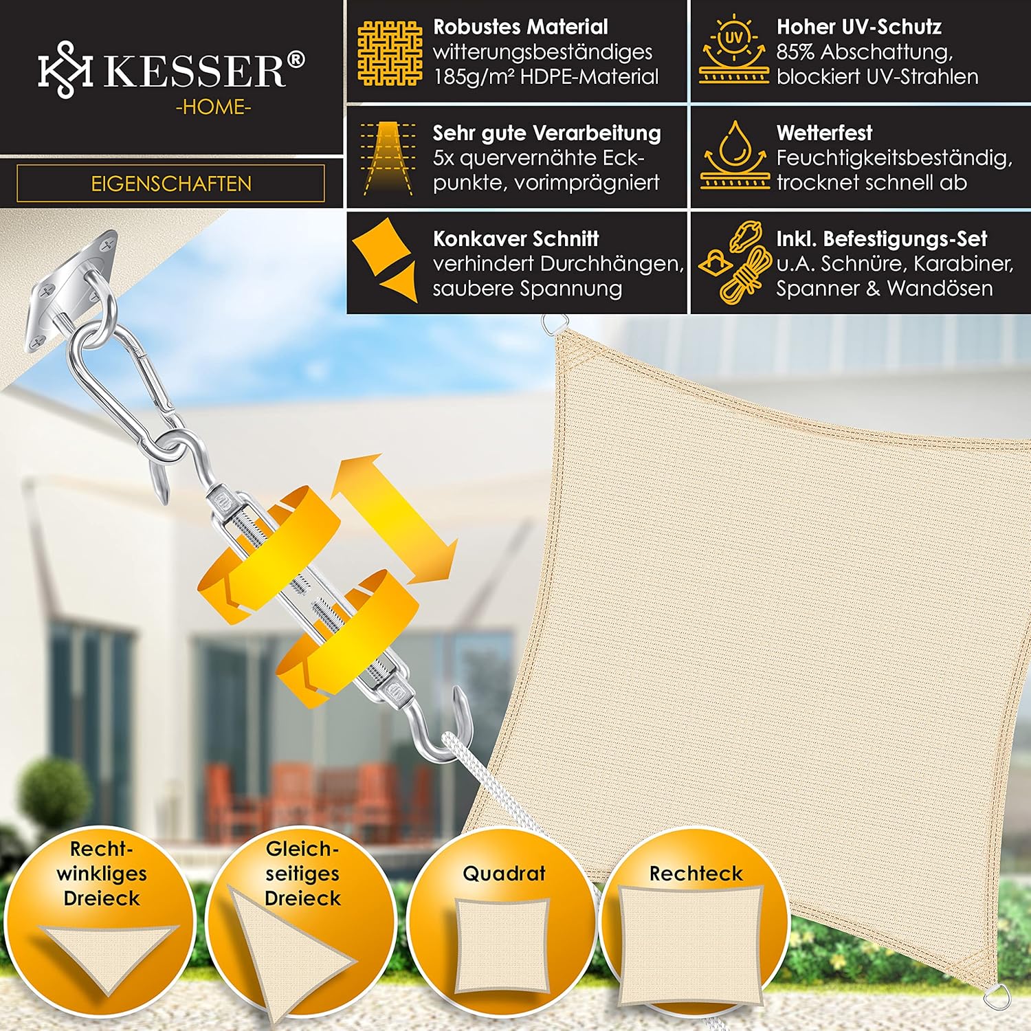 KESSER® Sonnensegel Sonnenschutz Windschutz | HDPE Gewebe | wasserabweisend & windabweisend | Quadrat 3x3m | 5-Fach quer vernäht robust & stabil Schattenspender Garten Balkon Terrasse Creme — Ansicht 2