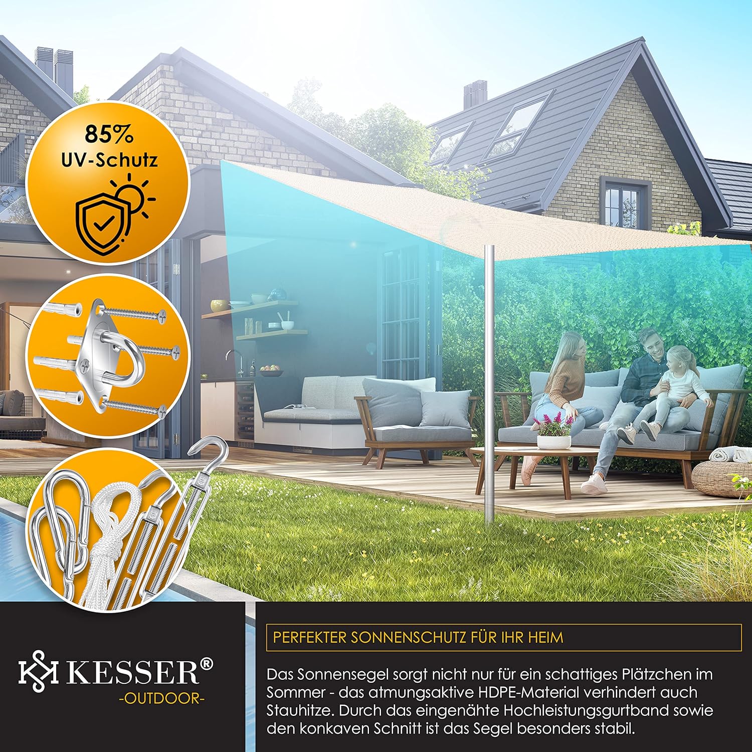 KESSER® Sonnensegel Sonnenschutz Windschutz | HDPE Gewebe | wasserabweisend & windabweisend | Quadrat 3x3m | 5-Fach quer vernäht robust & stabil Schattenspender Garten Balkon Terrasse Creme — Ansicht 4