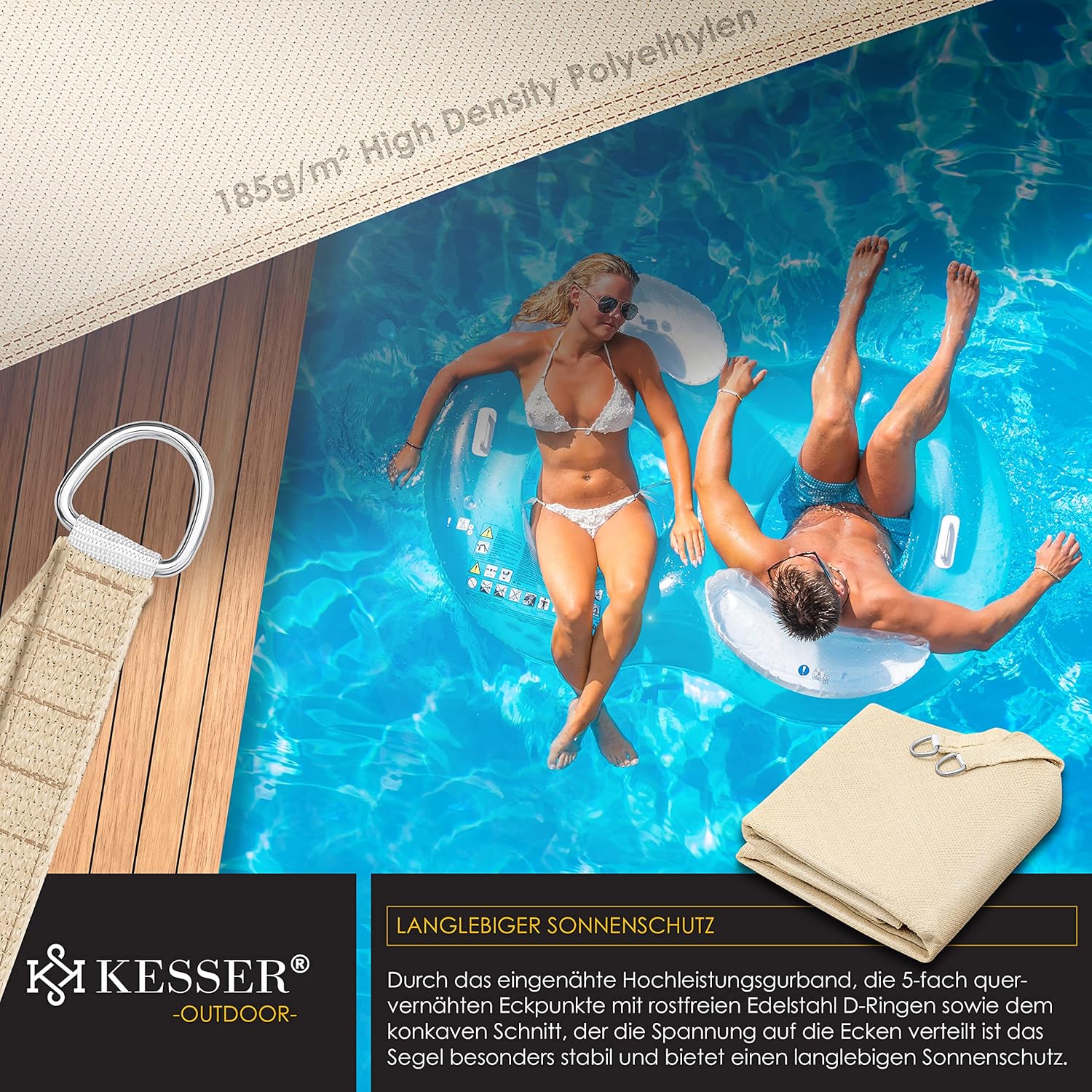 KESSER® Sonnensegel Sonnenschutz Windschutz | HDPE Gewebe | wasserabweisend & windabweisend | Quadrat 3x3m | 5-Fach quer vernäht robust & stabil Schattenspender Garten Balkon Terrasse Creme — Ansicht 6