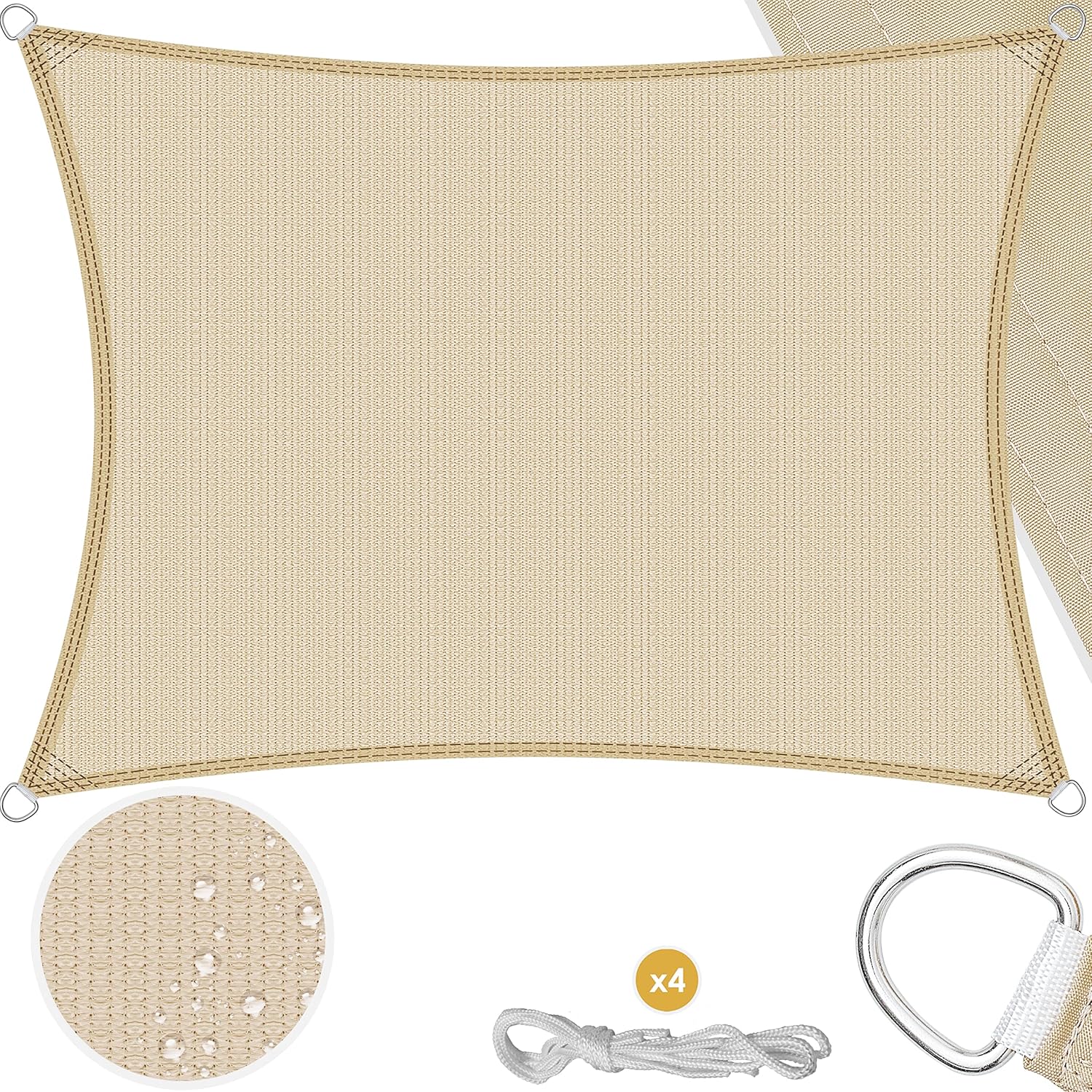 KESSER® Sonnensegel Sonnenschutz Windschutz | wasserabweisend & windabweisend | 5-Fach quer vernäht robust & stabil Schattenspender Garten Balkon Terrasse | Rechteck Creme 2x2 m HDPE