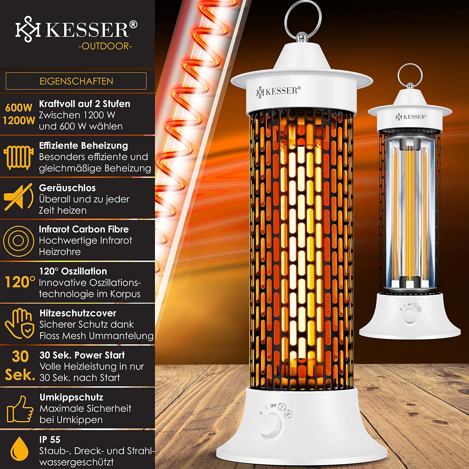 KESSER® Standheizstrahler Infrarotheizung, 1200W Heizstrahler Energieeffiziente Heizung Innenraum mit 360° Oszillation, Infrarotheizung Standgerät, Elektroheizung IP55, Terrassen-Heizstrahler, Weiß — Ansicht 2