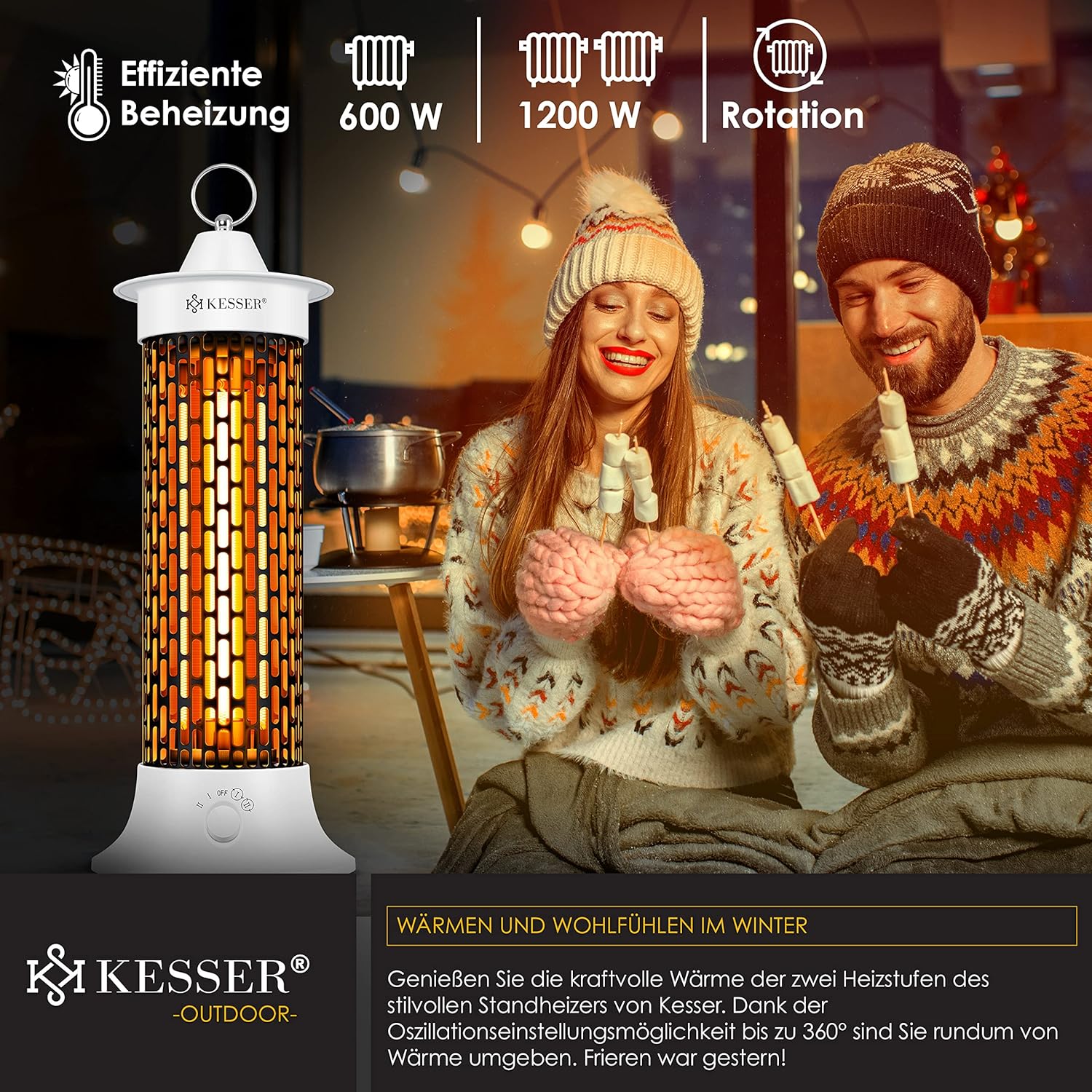 KESSER® Standheizstrahler Infrarotheizung, 1200W Heizstrahler Energieeffiziente Heizung Innenraum mit 360° Oszillation, Infrarotheizung Standgerät, Elektroheizung IP55, Terrassen-Heizstrahler, Weiß — Ansicht 4