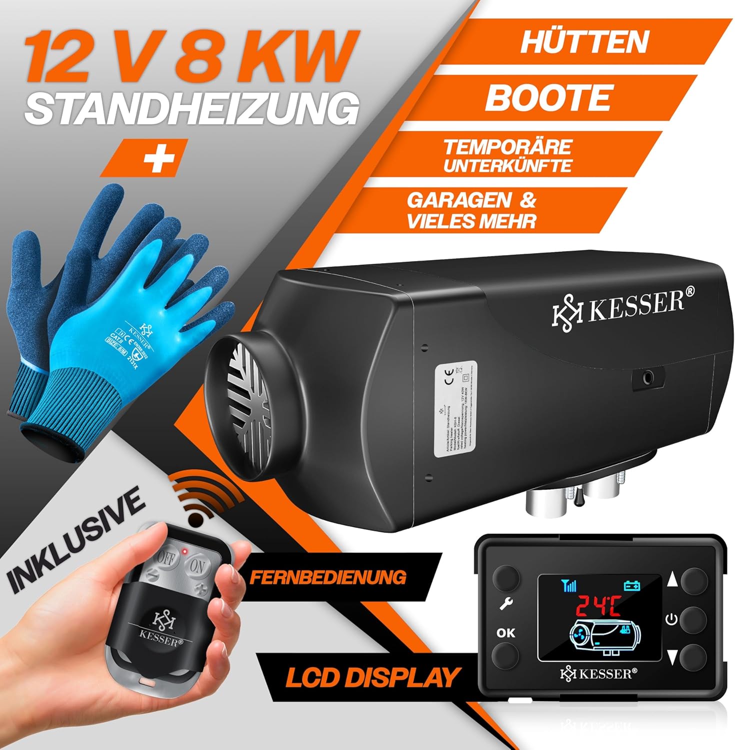KESSER® Standheizung Diesel 8kW Dieselheizung 12V/24V mit Timer, LCD-Display & Fernbedienung | Schnelles Aufheizen | Lufterhitzer mit Schalldämpfer & Thermostat (Schwarz, 8KW) — Ansicht 2