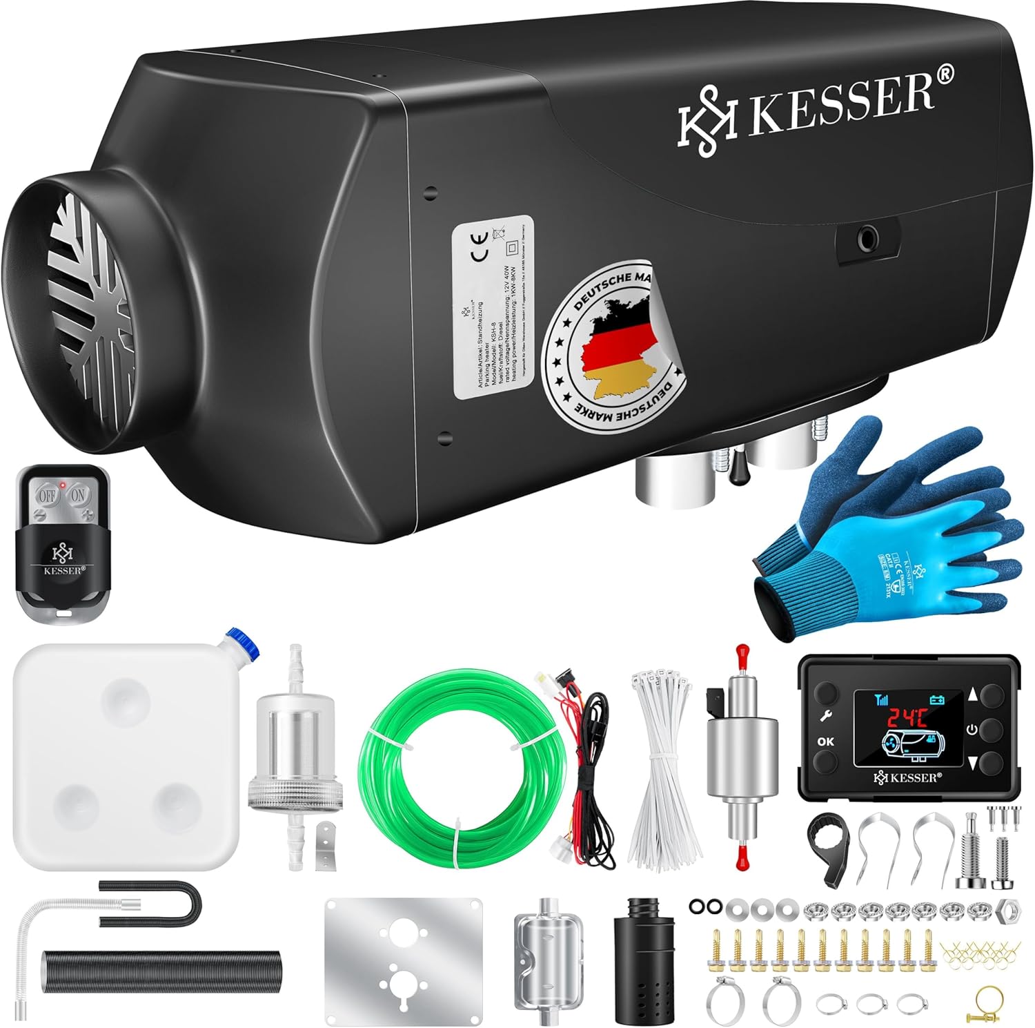 KESSER® Standheizung Diesel 8kW Dieselheizung 12V/24V mit Timer, LCD-Display & Fernbedienung | Schnelles Aufheizen | Lufterhitzer mit Schalldämpfer & Thermostat (Schwarz, 8KW)