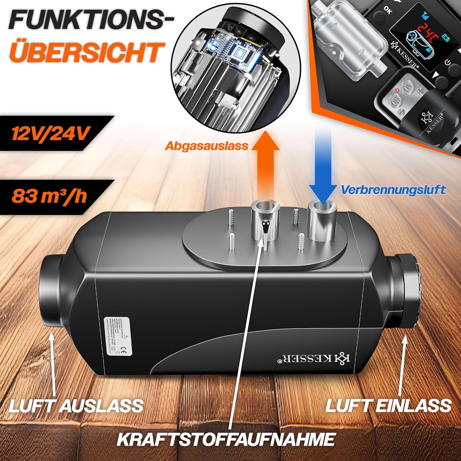 KESSER® Standheizung Diesel 8kW Dieselheizung 12V/24V mit Timer, LCD-Display & Fernbedienung | Schnelles Aufheizen | Lufterhitzer mit Schalldämpfer & Thermostat (Schwarz, 8KW) — Ansicht 6