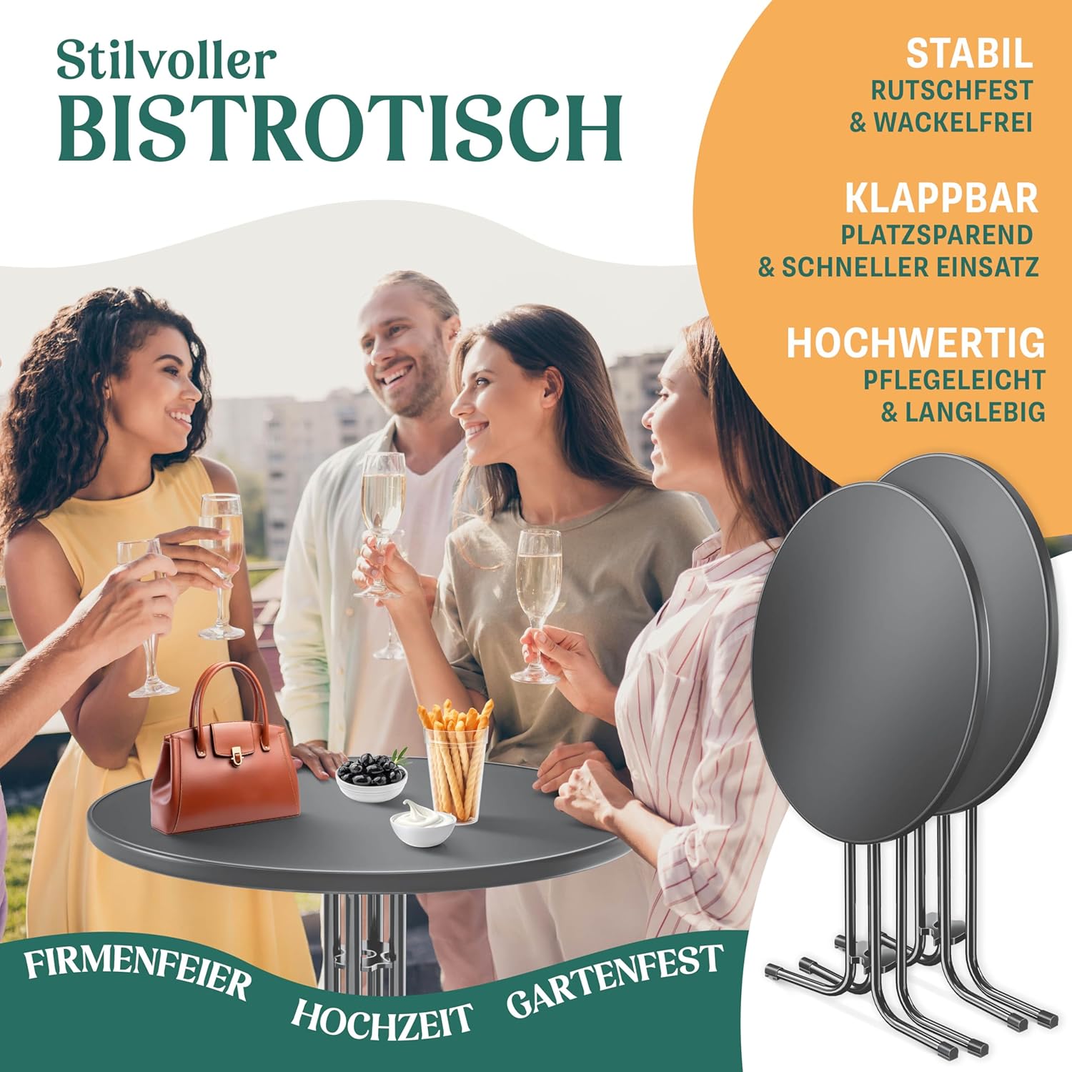 KESSER® Stehtisch klappbar 2er Set Ø80cm rund, Gastro Bistrotisch Hochtisch Cocktail Stehtisch + Husse, Klapptisch Partytisch für Garten/Balkon/Events/Gastronomie, wetterfest, In- & Outdoor, Anthrazit — Ansicht 3