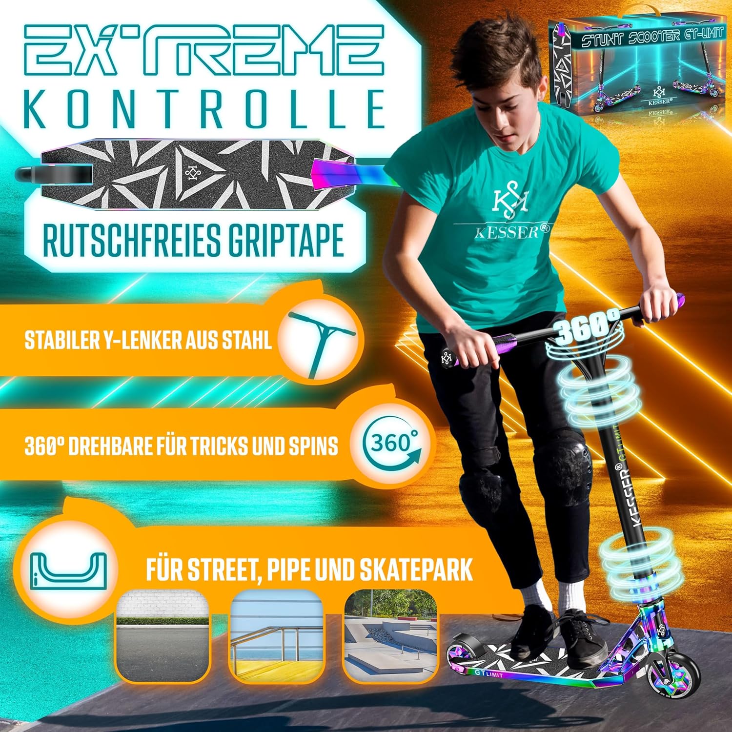 KESSER® Stunt Scooter GT-Limit 360° Lenkung Funscooter Stuntscooter mit Ständer ABEC 9 Kugellagern, 110 mm PU Räder, Kickscooter Tretroller Cityroller Trick Roller für Kinder Erwachsene — Ansicht 2