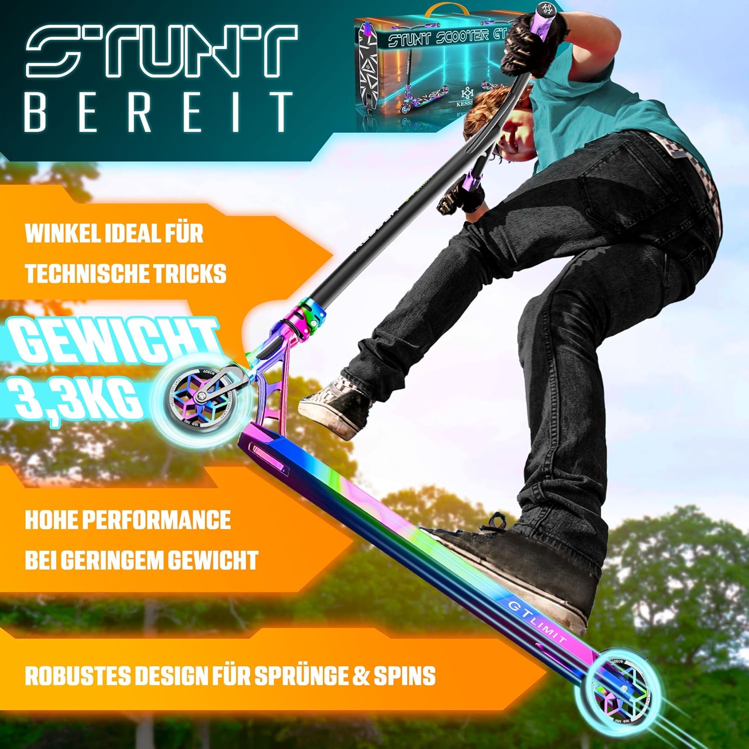 KESSER® Stunt Scooter GT-Limit 360° Lenkung Funscooter Stuntscooter mit Ständer ABEC 9 Kugellagern, 110 mm PU Räder, Kickscooter Tretroller Cityroller Trick Roller für Kinder Erwachsene — Ansicht 4