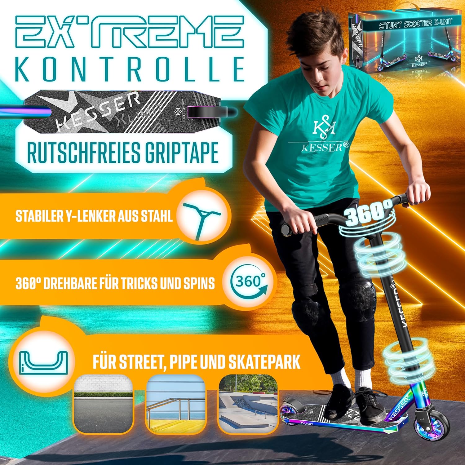 KESSER® Stunt Scooter X-Limit - 360° Lenkung Robuster Funscooter Stuntscooter mit ABEC 9 Kugellagern, 100 mm PU Räder, Kickscooter Tretroller Cityroller Trick Roller für Kinder Erwachsene — Ansicht 2