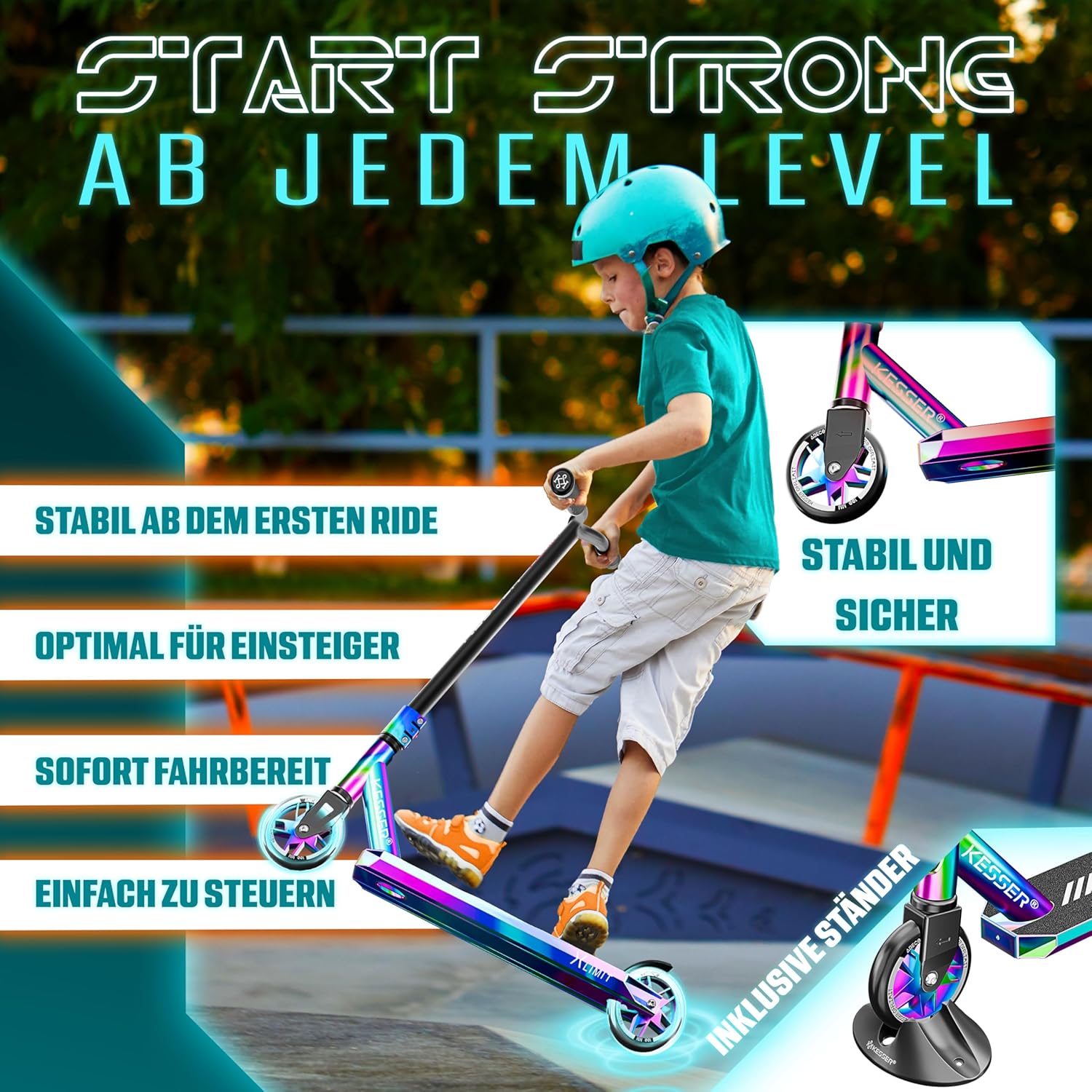 KESSER® Stunt Scooter X-Limit-Pro 360° Lenkung Funscooter Stuntscooter mit Ständer ABEC 9 Kugellagern, 110mm PU Räder, Kickscooter Tretroller Cityroller Trick Roller für Kinder Erwachsene — Ansicht 3