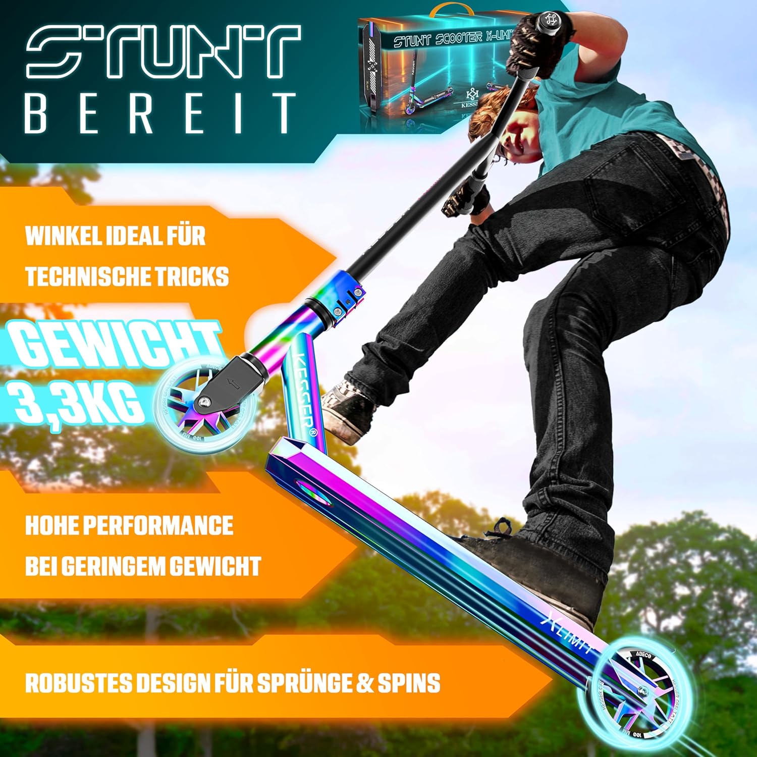 KESSER® Stunt Scooter X-Limit-Pro 360° Lenkung Funscooter Stuntscooter mit Ständer ABEC 9 Kugellagern, 110mm PU Räder, Kickscooter Tretroller Cityroller Trick Roller für Kinder Erwachsene — Ansicht 4