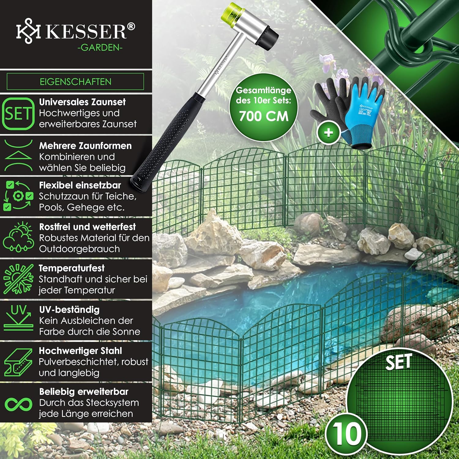 KESSER® Teichzaun Gartenzaun Steckzaun Komplettset Metall 10x Oberbogen Rund Inkl. Handschuhe, 2x Hammer + 12 Befestigungsstäben, Zaun zum stecken für Garten, Gitterzaun Set Freigehege für Tiere — Ansicht 2
