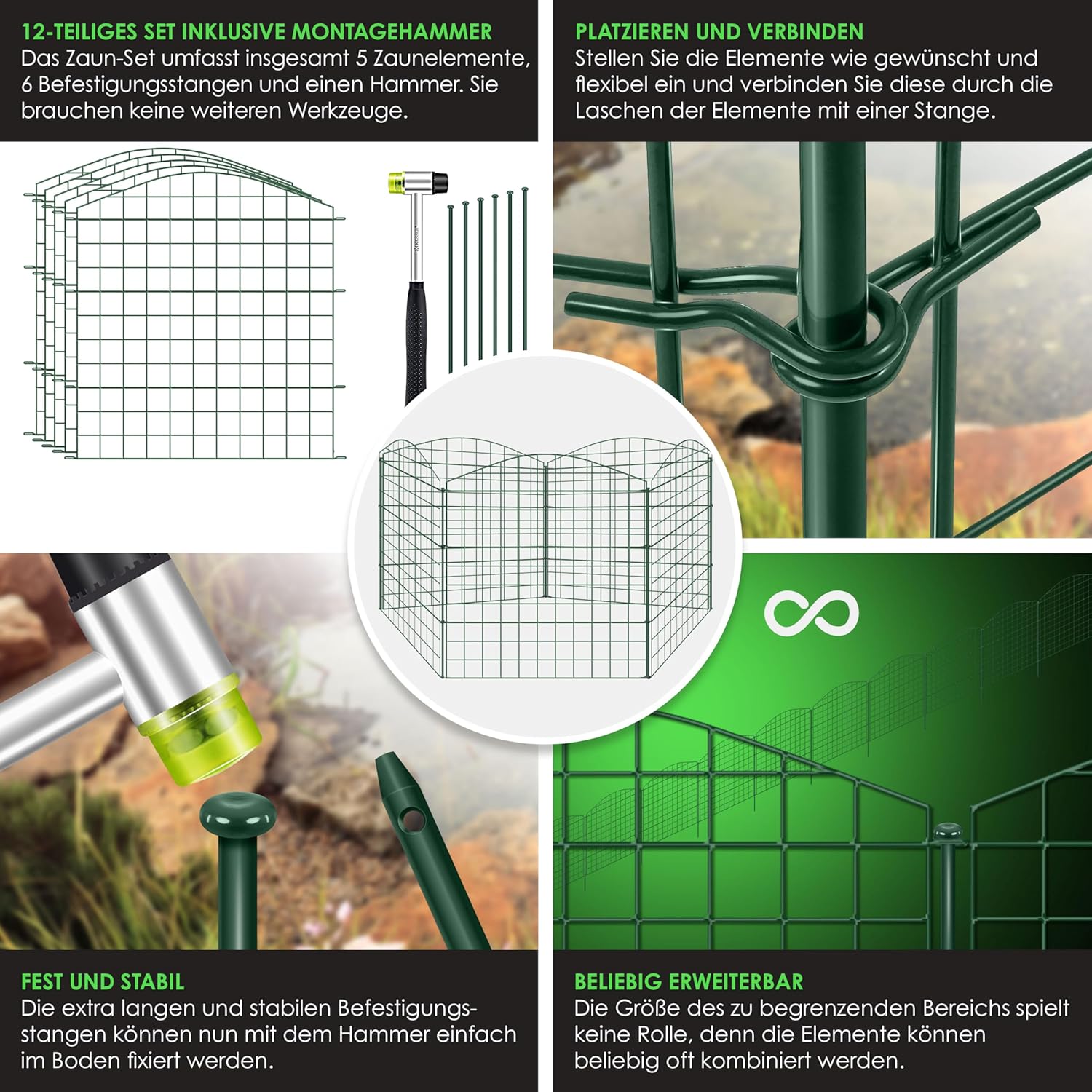 KESSER® Teichzaun Gartenzaun Steckzaun Komplettset Metall 10x Oberbogen Rund Inkl. Handschuhe, 2x Hammer + 12 Befestigungsstäben, Zaun zum stecken für Garten, Gitterzaun Set Freigehege für Tiere — Ansicht 3