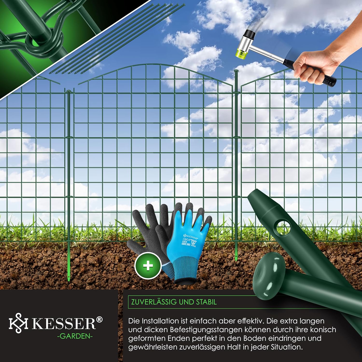 KESSER® Teichzaun Gartenzaun Steckzaun Komplettset Metall 10x Oberbogen Rund Inkl. Handschuhe, 2x Hammer + 12 Befestigungsstäben, Zaun zum stecken für Garten, Gitterzaun Set Freigehege für Tiere — Ansicht 5