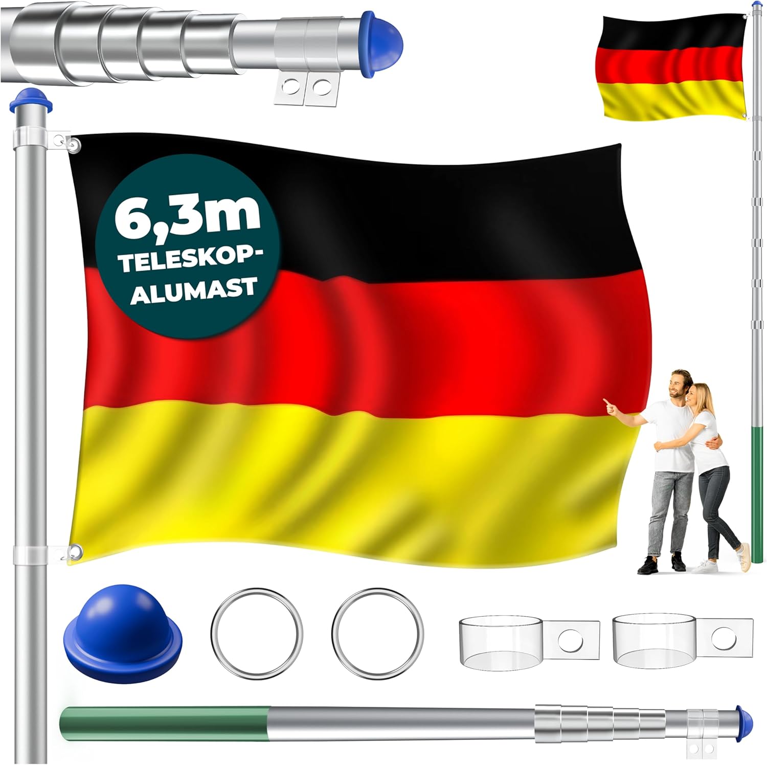 KESSER® Teleskop Fahnenmast Aluminium 6,30m Bodenhülse 60cm inkl Deutschlandfahne Höhenverstellbar Flaggenmast Mast Deutschland Flagge Alu (Silber)
