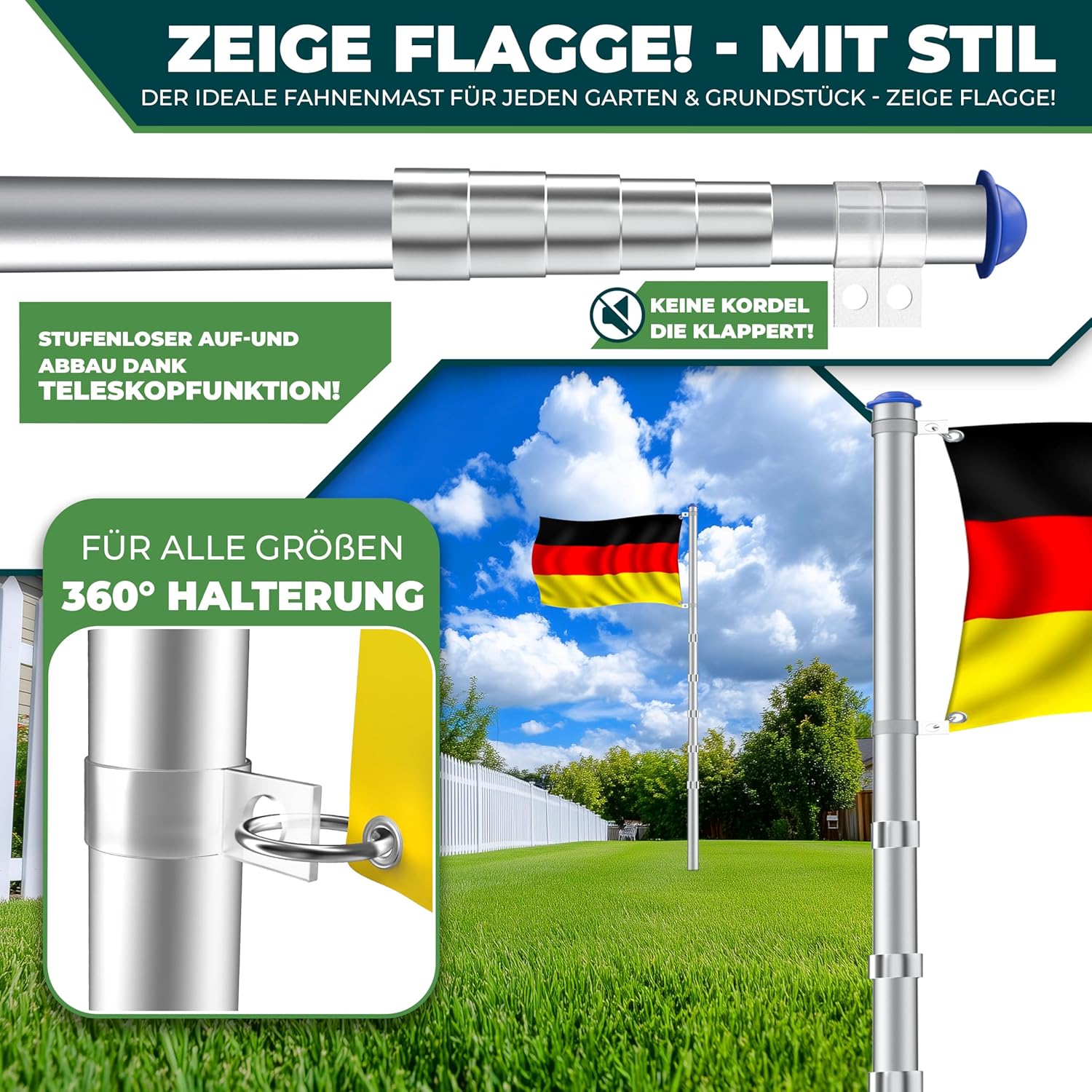 KESSER® Teleskop Fahnenmast Aluminium 6,30m Bodenhülse 60cm inkl Deutschlandfahne Höhenverstellbar Flaggenmast Mast Deutschland Flagge Alu (Silber) — Ansicht 2