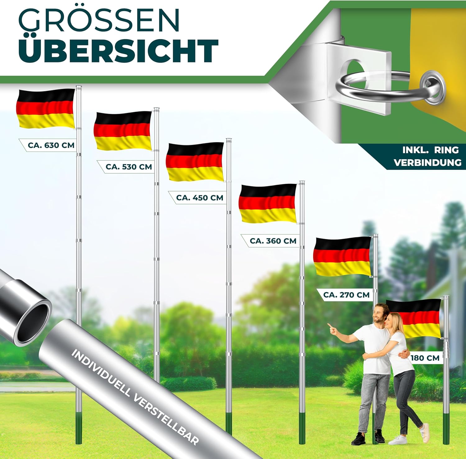 KESSER® Teleskop Fahnenmast Aluminium 6,30m Bodenhülse 60cm inkl Deutschlandfahne Höhenverstellbar Flaggenmast Mast Deutschland Flagge Alu (Silber) — Ansicht 5