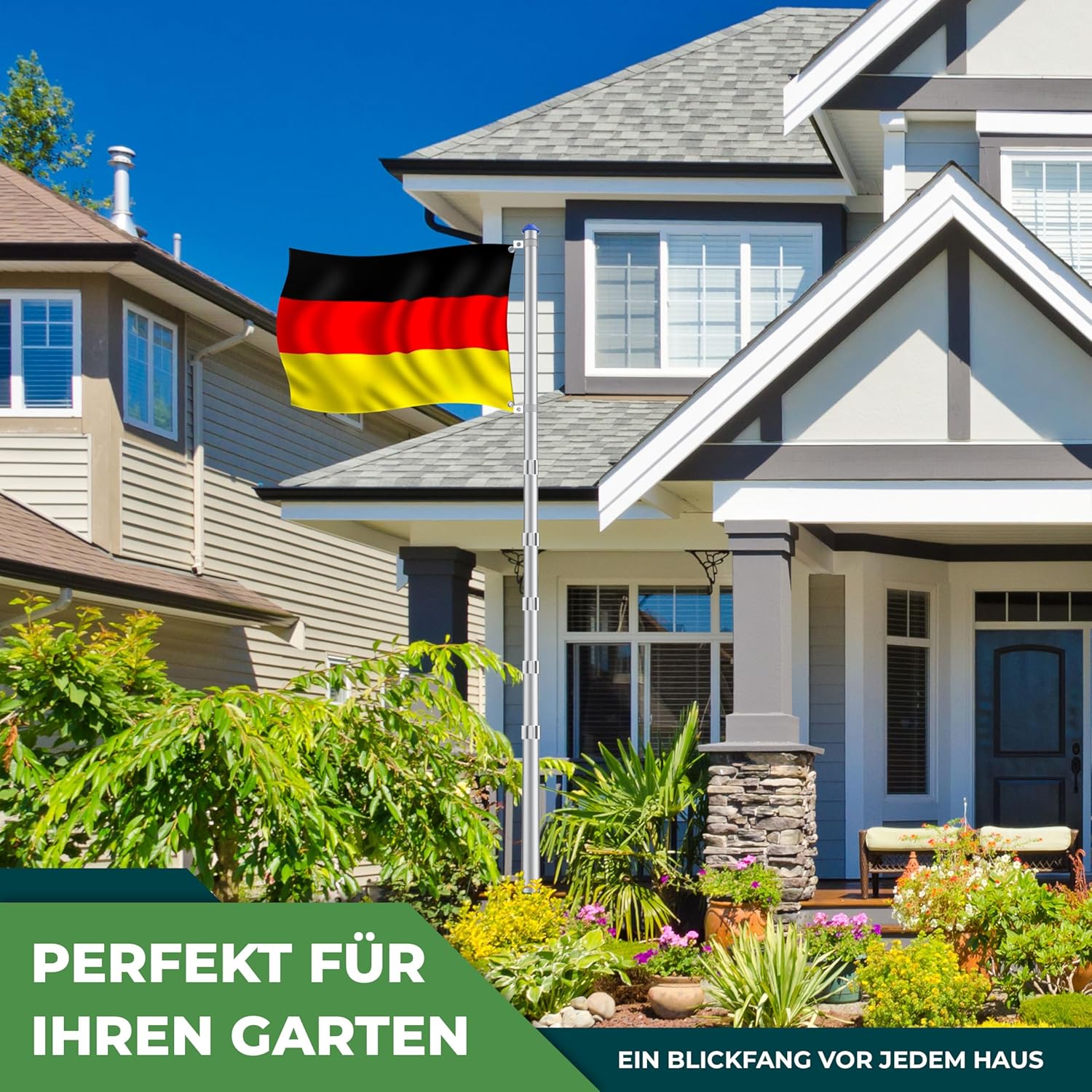 KESSER® Teleskop Fahnenmast Aluminium 6,30m Bodenhülse 60cm inkl Deutschlandfahne Höhenverstellbar Flaggenmast Mast Deutschland Flagge Alu (Silber) — Ansicht 6