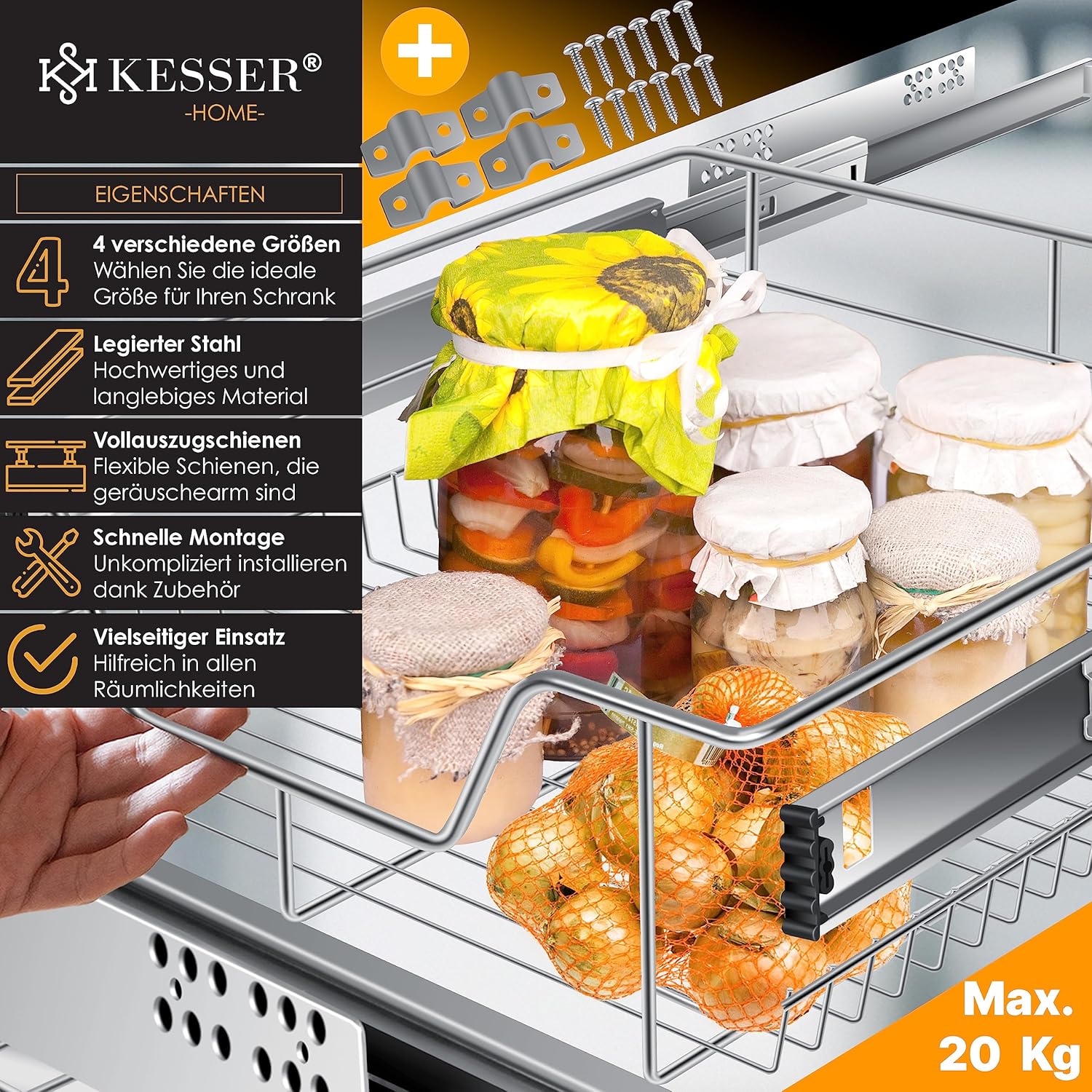 KESSER® Teleskopschublade 4er Set 60cm Schrankbreite verchromt aus Edelstahl Schubladeneinsatz für Küchenschrank Korbauszug Schrankauszug, Silber — Ansicht 2