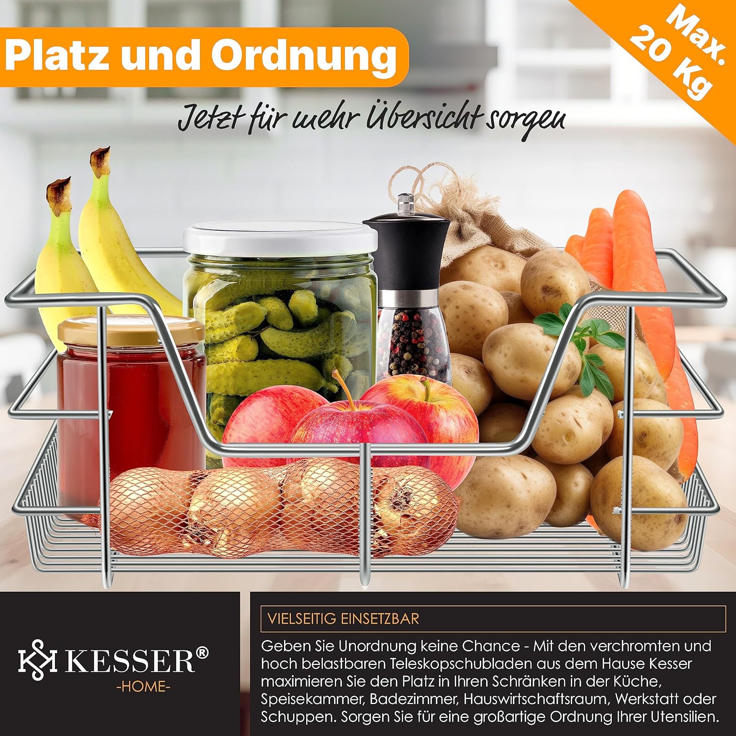 KESSER® Teleskopschublade 4er Set 60cm Schrankbreite verchromt aus Edelstahl Schubladeneinsatz für Küchenschrank Korbauszug Schrankauszug, Silber — Ansicht 4