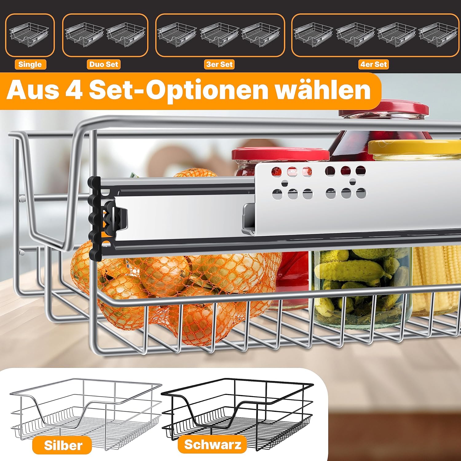 KESSER® Teleskopschublade 4er Set 60cm Schrankbreite verchromt aus Edelstahl Schubladeneinsatz für Küchenschrank Korbauszug Schrankauszug, Silber — Ansicht 5