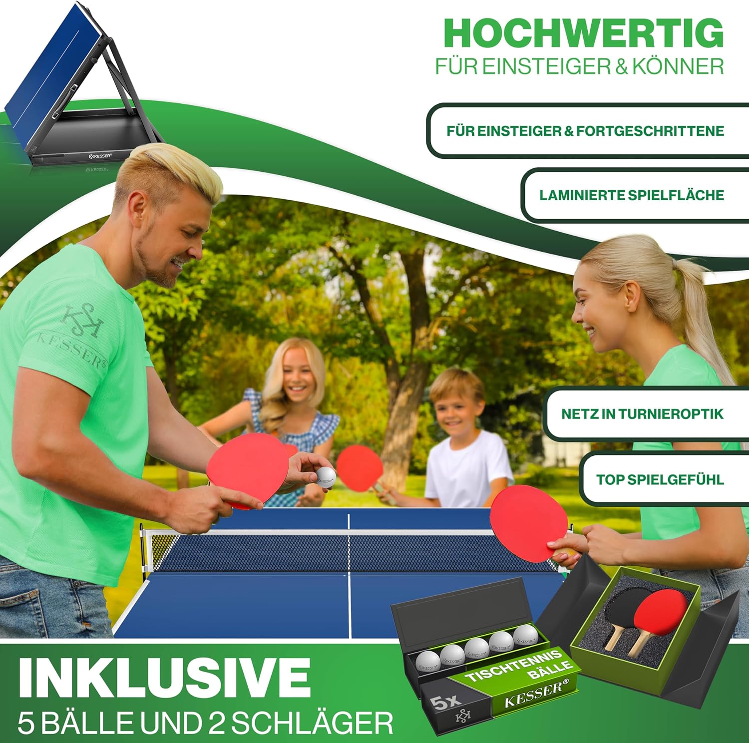 KESSER® Tischtennisplatte Mini mit Tischtennisschläger-Set, Tischtennisbällen und TT-Netz | Indoor | Unterwegs, laminierte Platte + klappbar – Kofferdesign, Kinder und Erwachsene – 153 x 76,5 cm — Ansicht 2