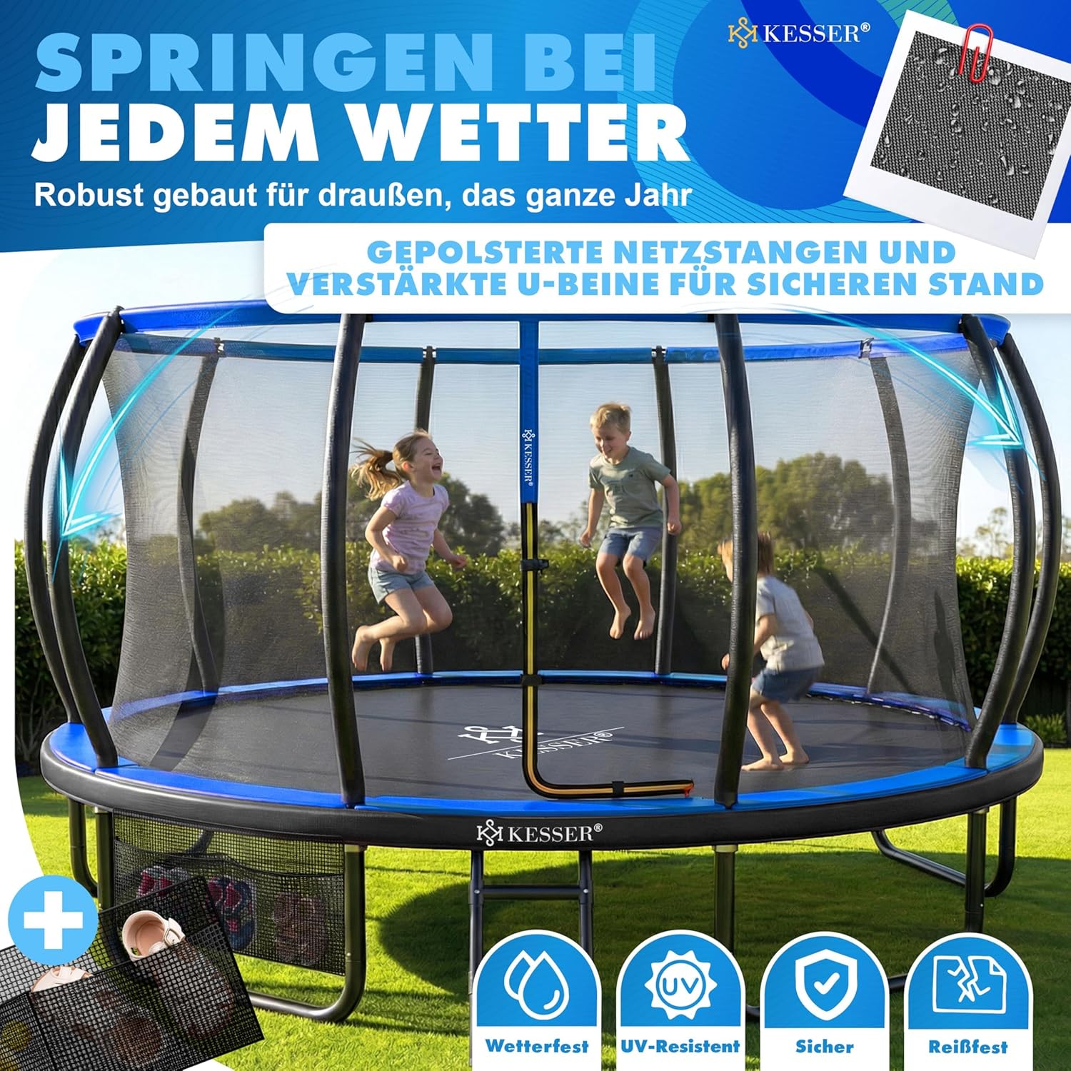 KESSER® Trampolin Outdoor Ø 244/305/366/427 cm, GS-Zertifikat, Gartentrampolin für Kinder & Erwachsene <150 kg mit Sicherheitsnetz, inklusive Tasche, Leiter, Randabdeckung & gepolsterten Netzstangen — Ansicht 2