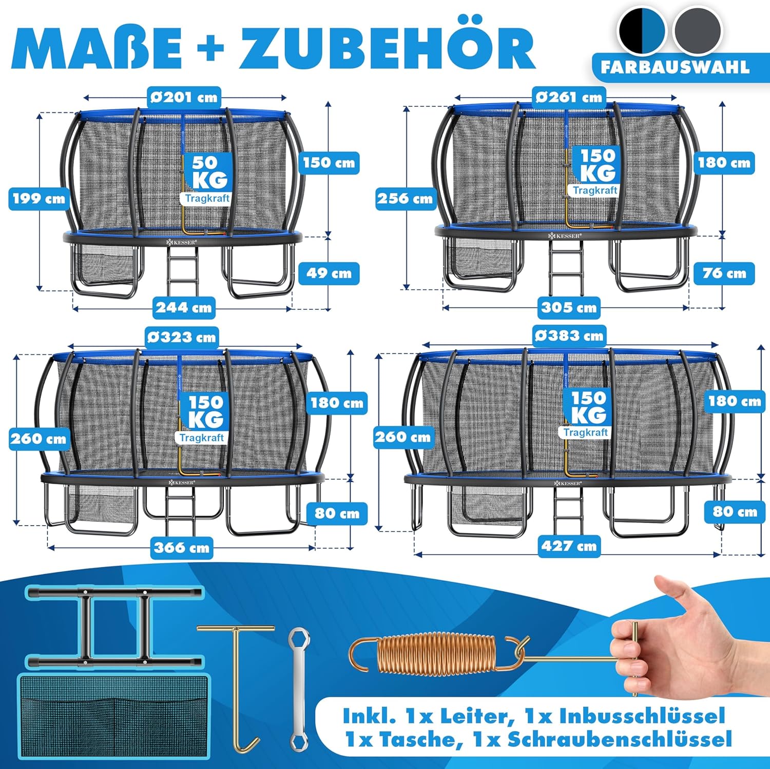 KESSER® Trampolin Outdoor Ø 244/305/366/427 cm, GS-Zertifikat, Gartentrampolin für Kinder & Erwachsene <150 kg mit Sicherheitsnetz, inklusive Tasche, Leiter, Randabdeckung & gepolsterten Netzstangen — Ansicht 3