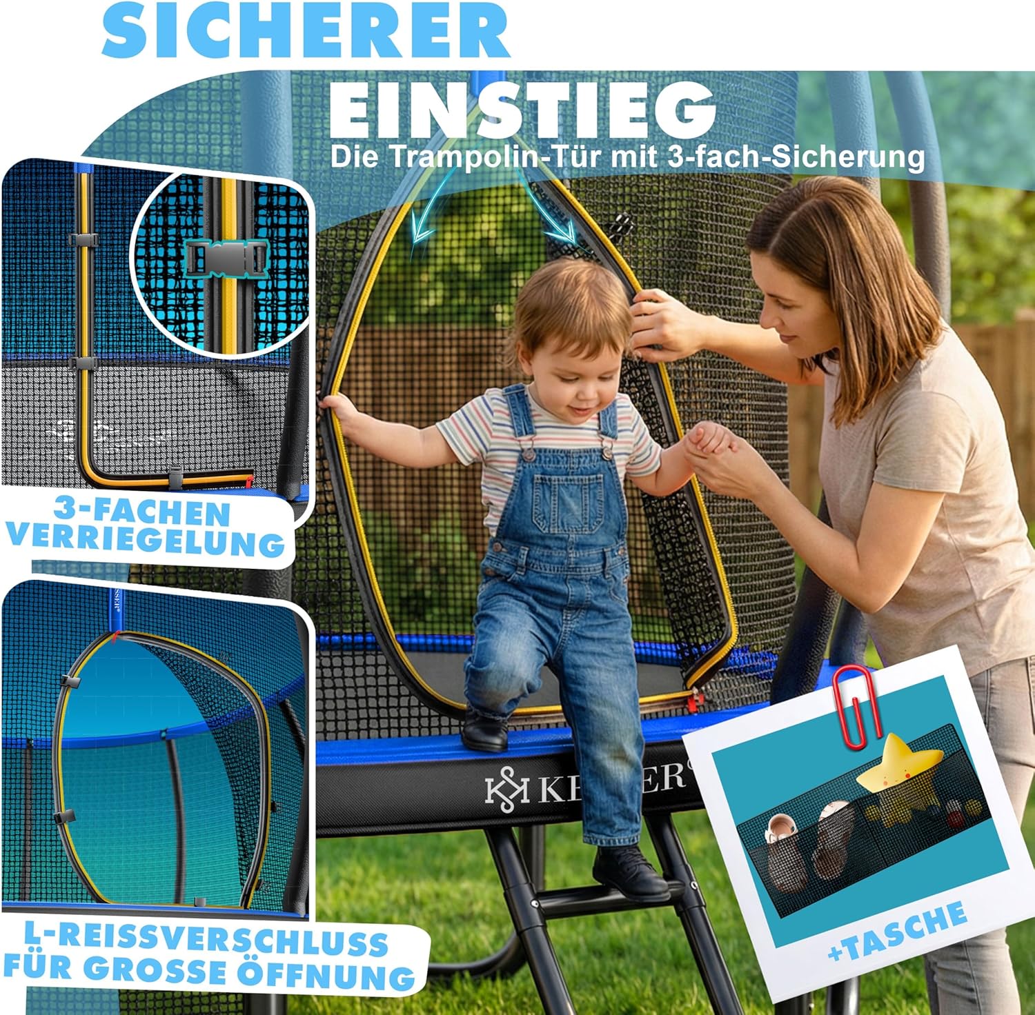 KESSER® Trampolin Outdoor Ø 244/305/366/427 cm, GS-Zertifikat, Gartentrampolin für Kinder & Erwachsene <150 kg mit Sicherheitsnetz, inklusive Tasche, Leiter, Randabdeckung & gepolsterten Netzstangen — Ansicht 4