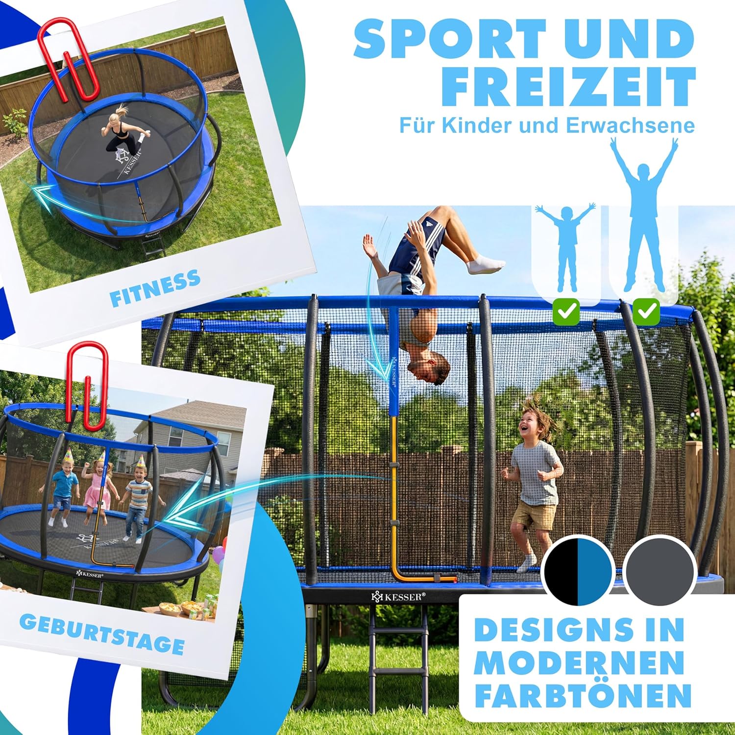 KESSER® Trampolin Outdoor Ø 244/305/366/427 cm, GS-Zertifikat, Gartentrampolin für Kinder & Erwachsene <150 kg mit Sicherheitsnetz, inklusive Tasche, Leiter, Randabdeckung & gepolsterten Netzstangen — Ansicht 5