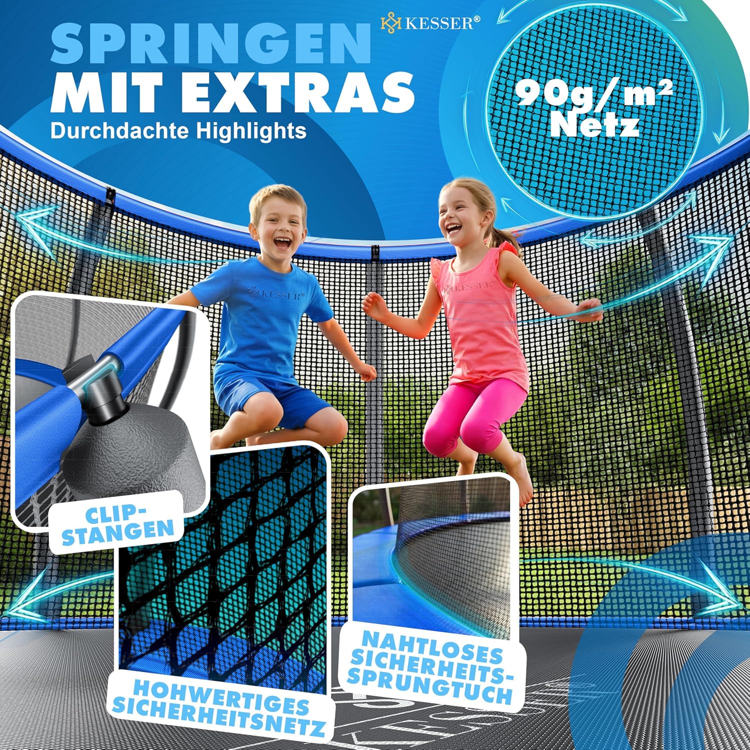 KESSER® Trampolin Outdoor Ø 244/305/366/427 cm, GS-Zertifikat, Gartentrampolin für Kinder & Erwachsene <150 kg mit Sicherheitsnetz, inklusive Tasche, Leiter, Randabdeckung & gepolsterten Netzstangen — Ansicht 6