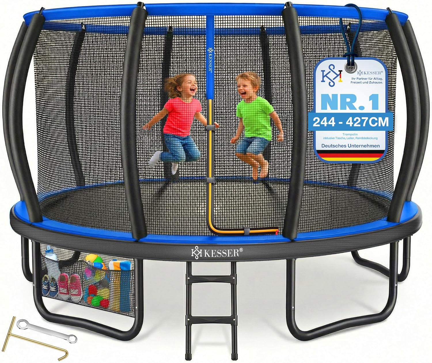 KESSER® Trampolin Outdoor Ø 244/305/366/427 cm, GS-Zertifikat, Gartentrampolin für Kinder & Erwachsene <150 kg mit Sicherheitsnetz, inklusive Tasche, Leiter, Randabdeckung & gepolsterten Netzstangen