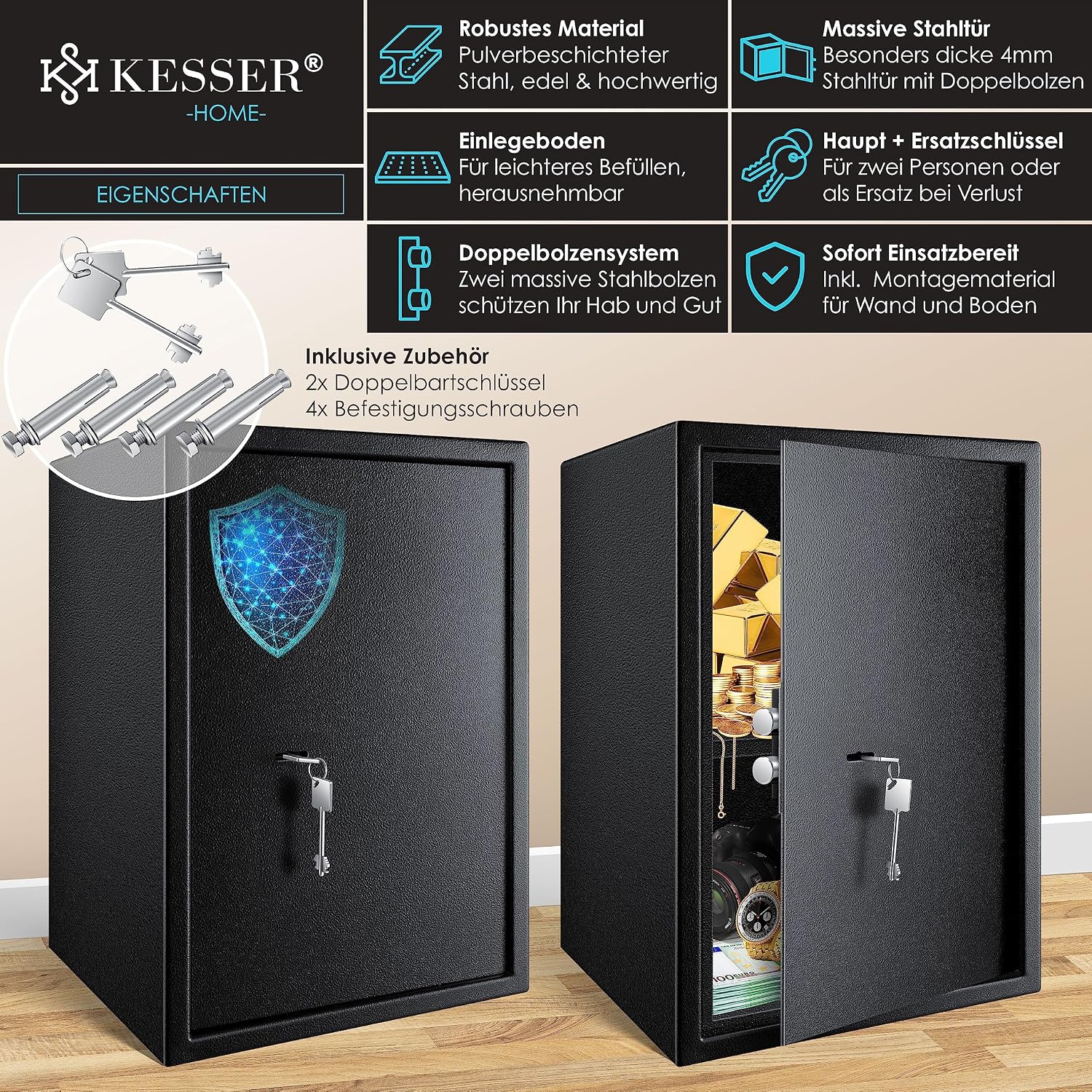 KESSER® Tresor Möbeltresor mit Doppelbartschloss, Safe Geldschrank Boden-Wandtresor Wandsafe 50x35x31cm ink. 2 x Schlüssel & Befestigungsschrauben, Schwarz — Ansicht 2