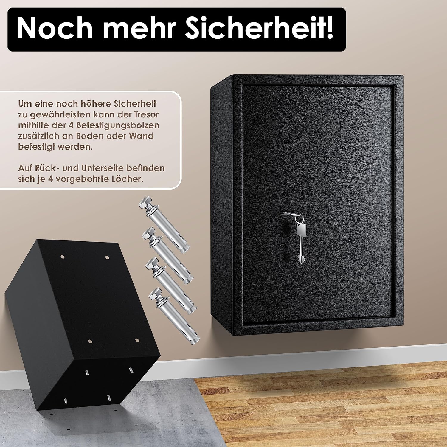 KESSER® Tresor Möbeltresor mit Doppelbartschloss, Safe Geldschrank Boden-Wandtresor Wandsafe 50x35x31cm ink. 2 x Schlüssel & Befestigungsschrauben, Schwarz — Ansicht 5