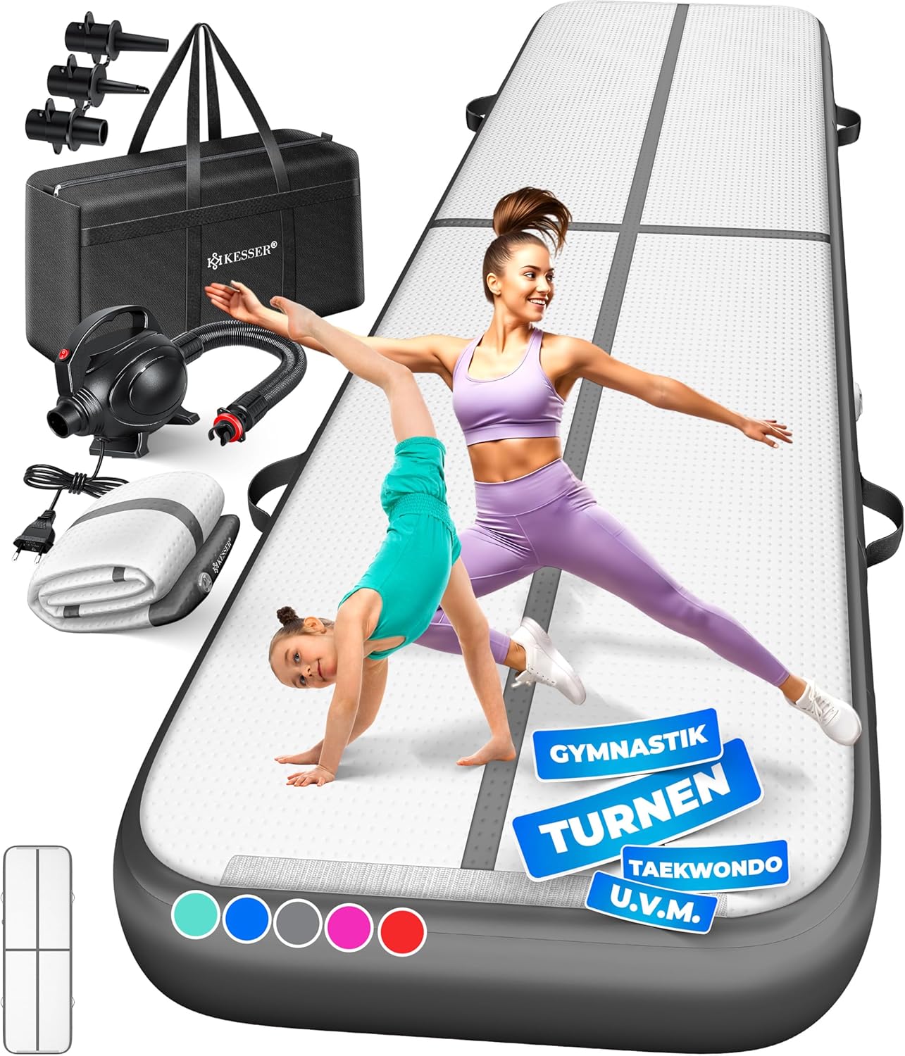 KESSER® Turnmatte Aufblasbar Airtrack 2m/3m/4m/5m/6m Fitness-Matte Gymnastikmatte | inkl. Tragetasche & elektr. Luftpumpe | Yogamatte, Tumbling Matten, Trainingsmatte, Turn- & Fitness