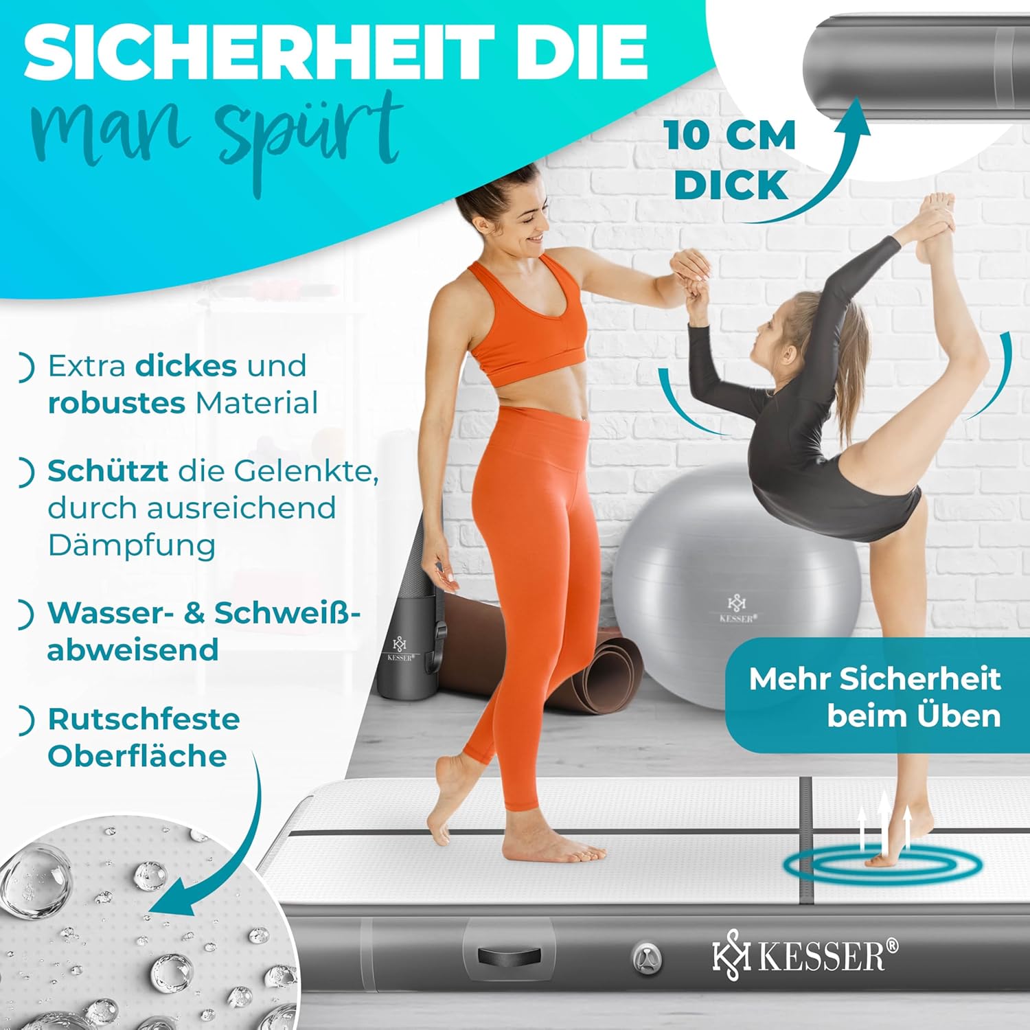 KESSER® Turnmatte Aufblasbar Airtrack 2m/3m/4m/5m/6m Fitness-Matte Gymnastikmatte | inkl. Tragetasche & elektr. Luftpumpe | Yogamatte, Tumbling Matten, Trainingsmatte, Turn- & Fitness — Ansicht 4