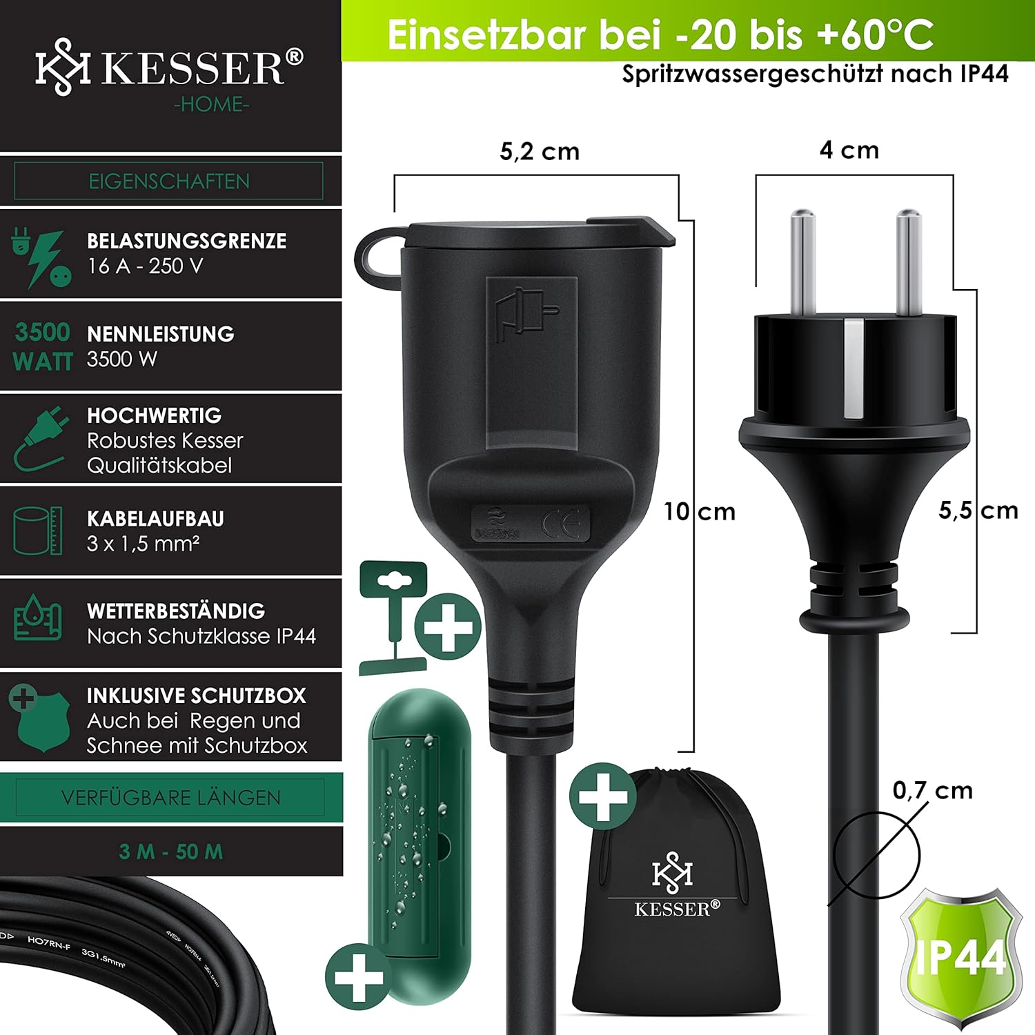 KESSER® Verlängerungskabel 50m mit Schutzkappe Outdoor - für Innenbereich Außenbereich - Verlängerung Stromkabel – 230 V IP44 - mit Schuko Stecker - Schutzkontakt Baustellenkabel Schutzkontaktstecker — Ansicht 2