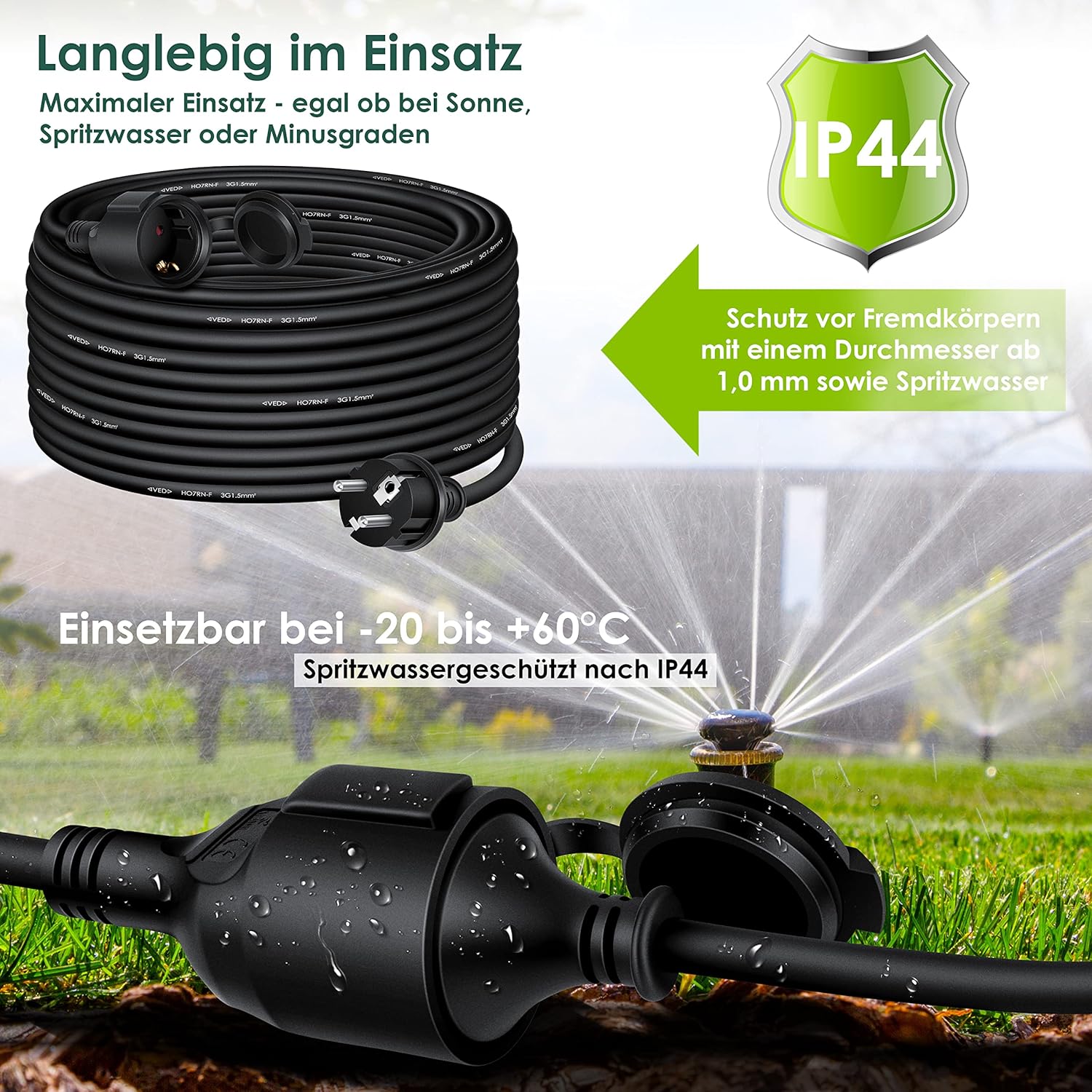 KESSER® Verlängerungskabel 50m mit Schutzkappe Outdoor - für Innenbereich Außenbereich - Verlängerung Stromkabel – 230 V IP44 - mit Schuko Stecker - Schutzkontakt Baustellenkabel Schutzkontaktstecker — Ansicht 3