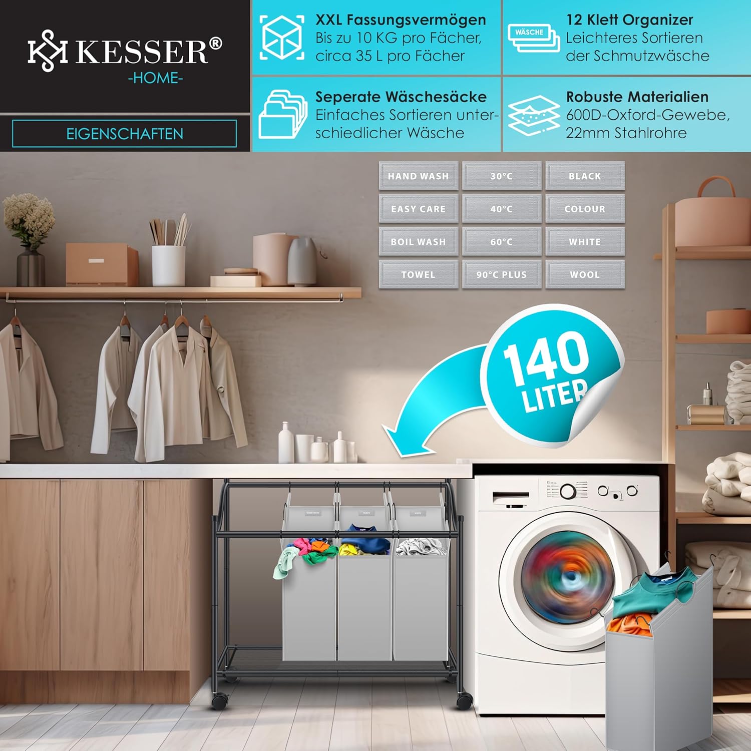 KESSER® Wäschekorb Wäschesammler Wäschesortierer mit 4 abnehmbaren Stofftaschen | 4 Fächer x 35 Liter | Wäschebox mit 12 Waschhinweisen 360° Rollen mit Bremse Wäsche-Sortiersystem Wäschewagen Grau — Ansicht 2