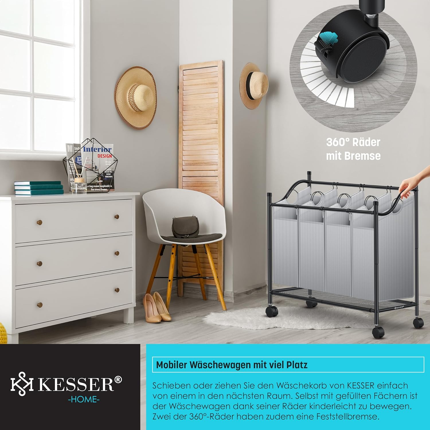 KESSER® Wäschekorb Wäschesammler Wäschesortierer mit 4 abnehmbaren Stofftaschen | 4 Fächer x 35 Liter | Wäschebox mit 12 Waschhinweisen 360° Rollen mit Bremse Wäsche-Sortiersystem Wäschewagen Grau — Ansicht 4