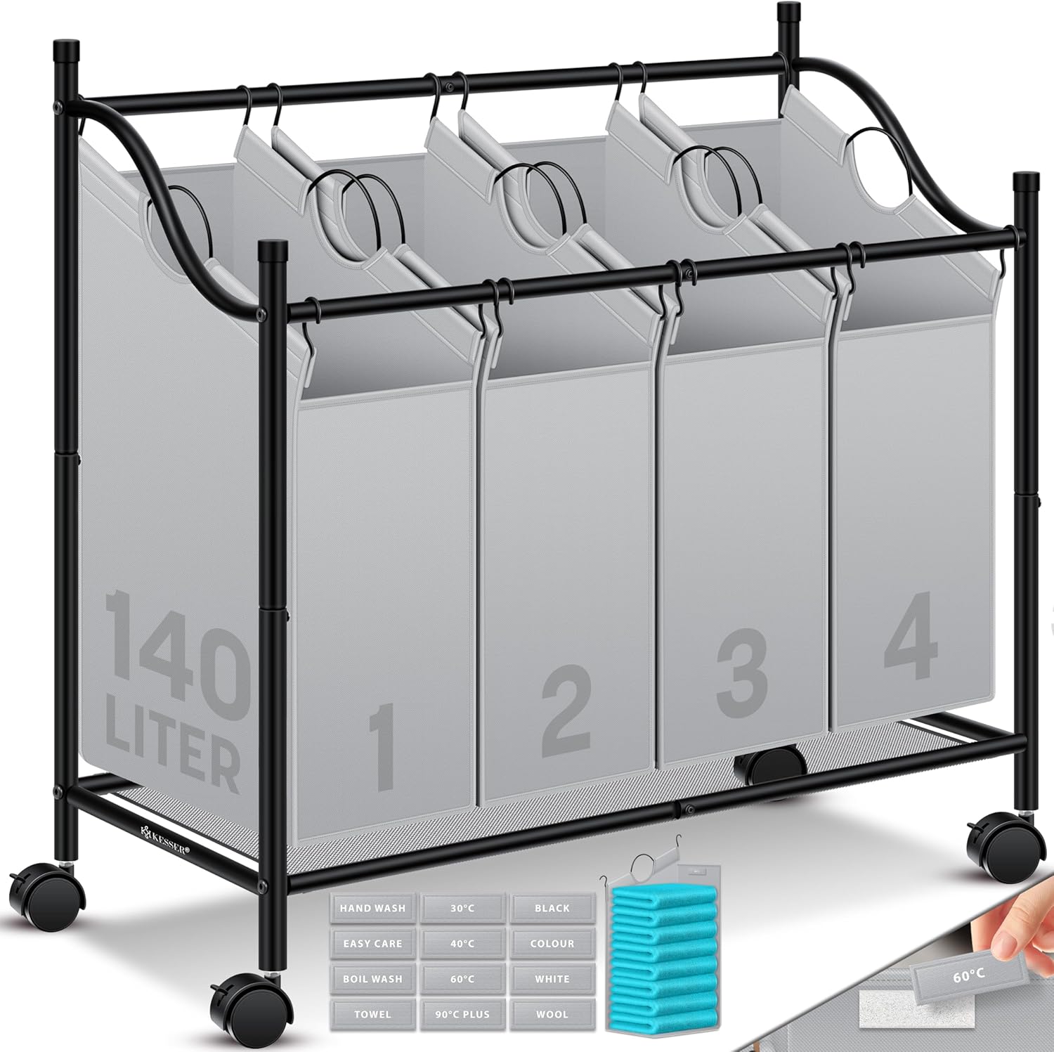 KESSER® Wäschekorb Wäschesammler Wäschesortierer mit 4 abnehmbaren Stofftaschen | 4 Fächer x 35 Liter | Wäschebox mit 12 Waschhinweisen 360° Rollen mit Bremse Wäsche-Sortiersystem Wäschewagen Grau