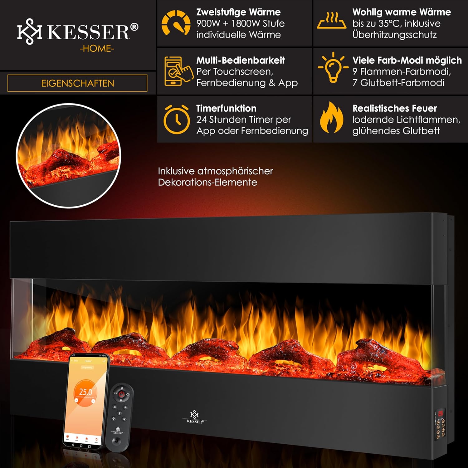 KESSER® Wandkamin Elektrokamin 3D Elektrischer 138cm Kamin mit Heizung 9 Farbmodi LED Flammeneffekt, 900/1800 W Kaminofen Wand und Einbaukamin Wandmontage Heizung App-Funktion Fernbedienung schwarz — Ansicht 2