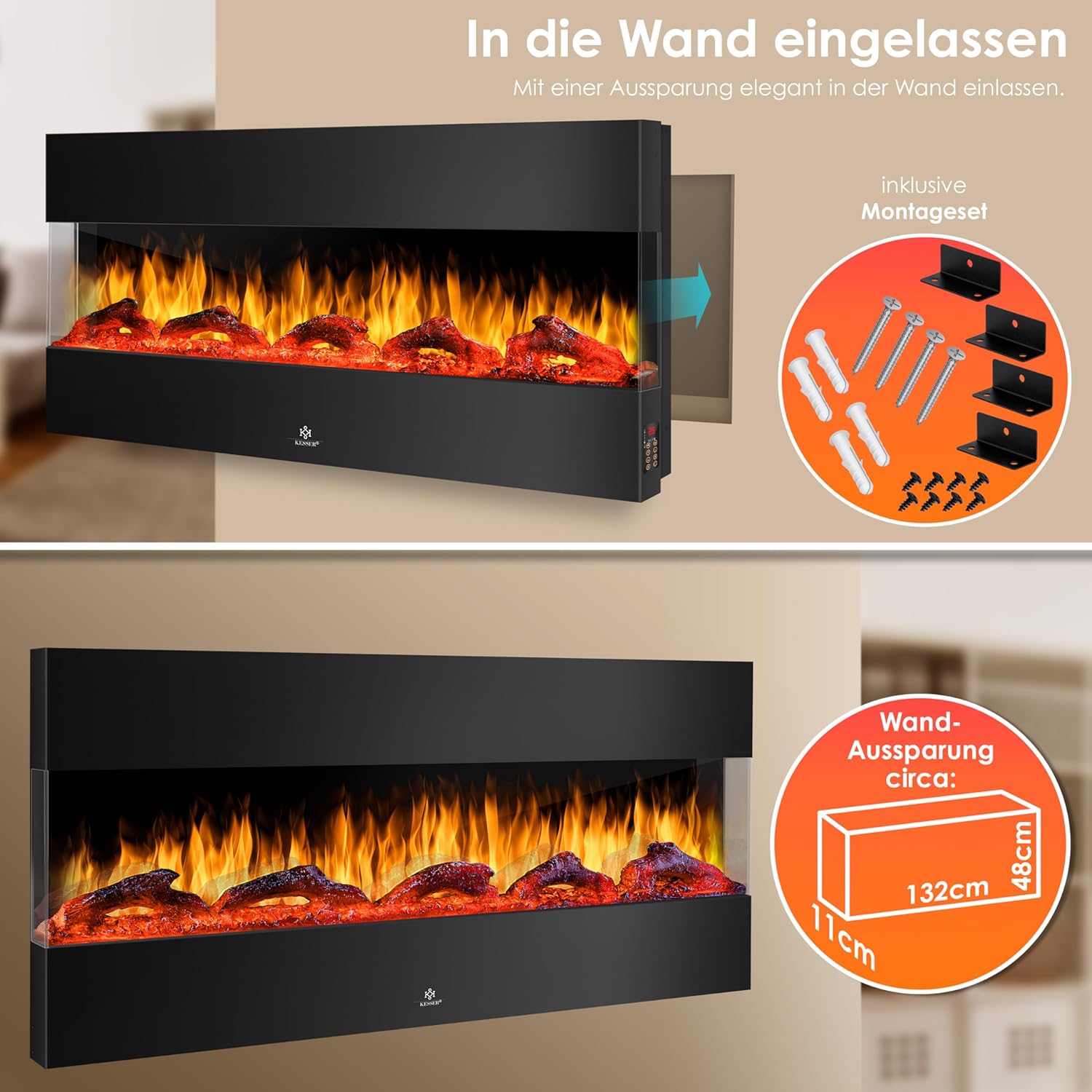 KESSER® Wandkamin Elektrokamin 3D Elektrischer 138cm Kamin mit Heizung 9 Farbmodi LED Flammeneffekt, 900/1800 W Kaminofen Wand und Einbaukamin Wandmontage Heizung App-Funktion Fernbedienung schwarz — Ansicht 5